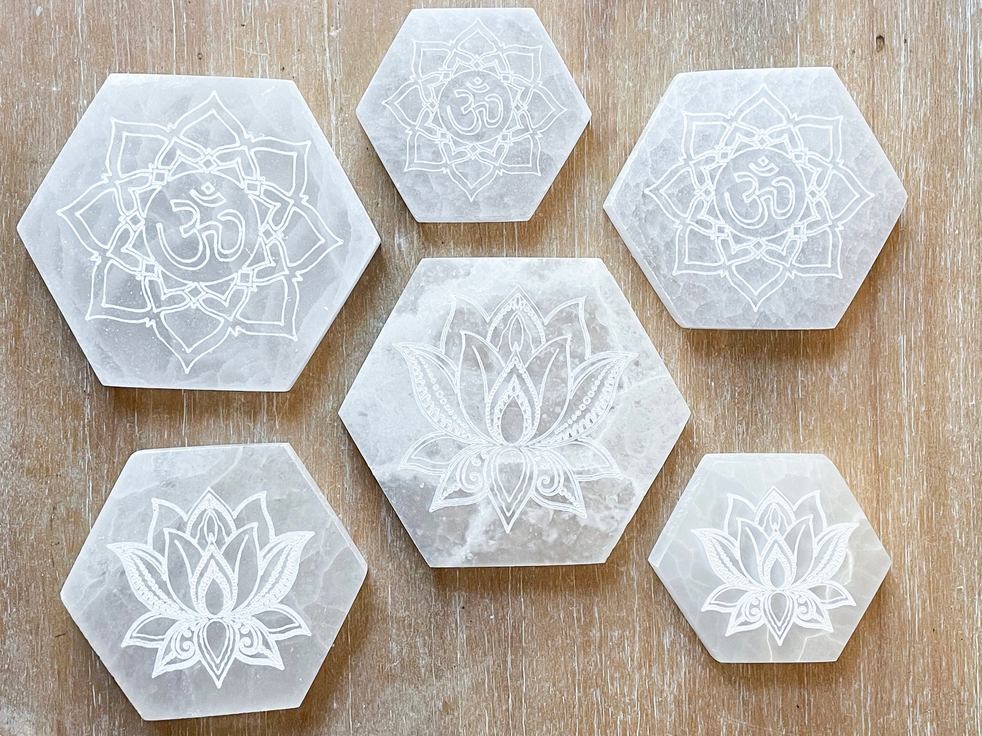 Engraved Selenite Hexagon Charging Plate - Lotus/Om