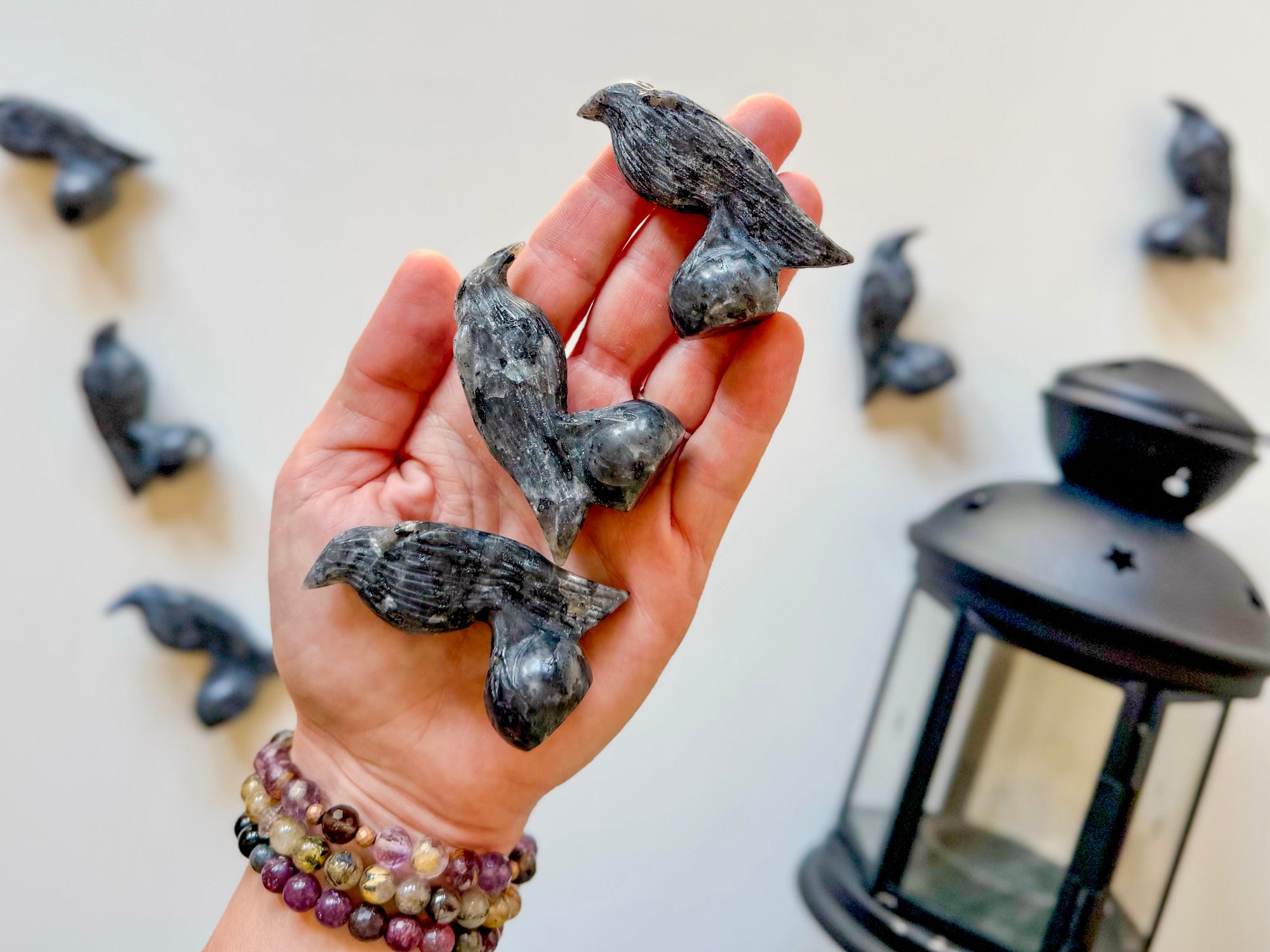 Larvikite Raven Crystal Carving