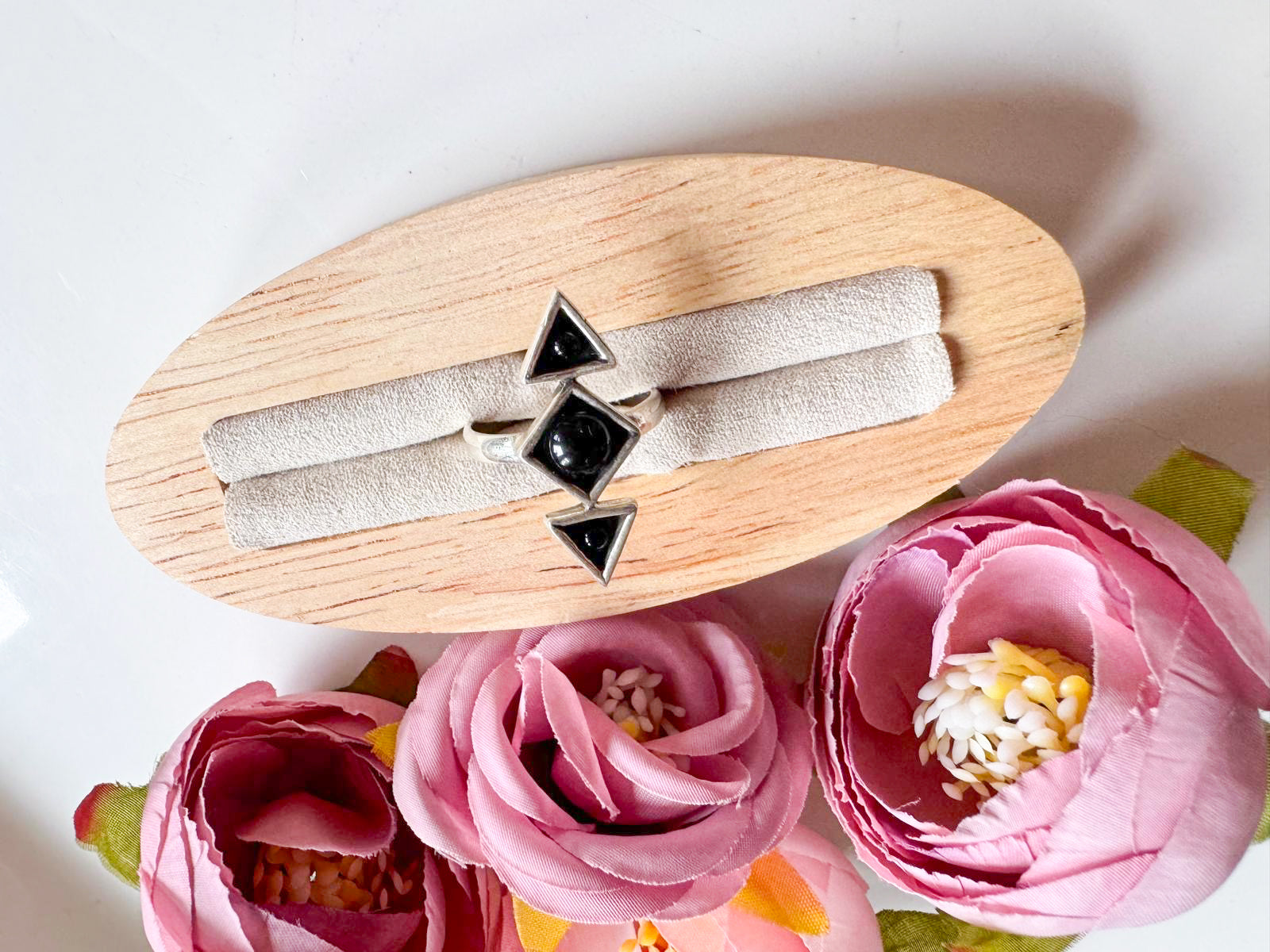Geometric Triad Sterling Silver Ring || Black Onyx
