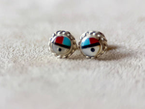 Navajo Three Spirit Inlay Sterling Post Earrings || Handmade