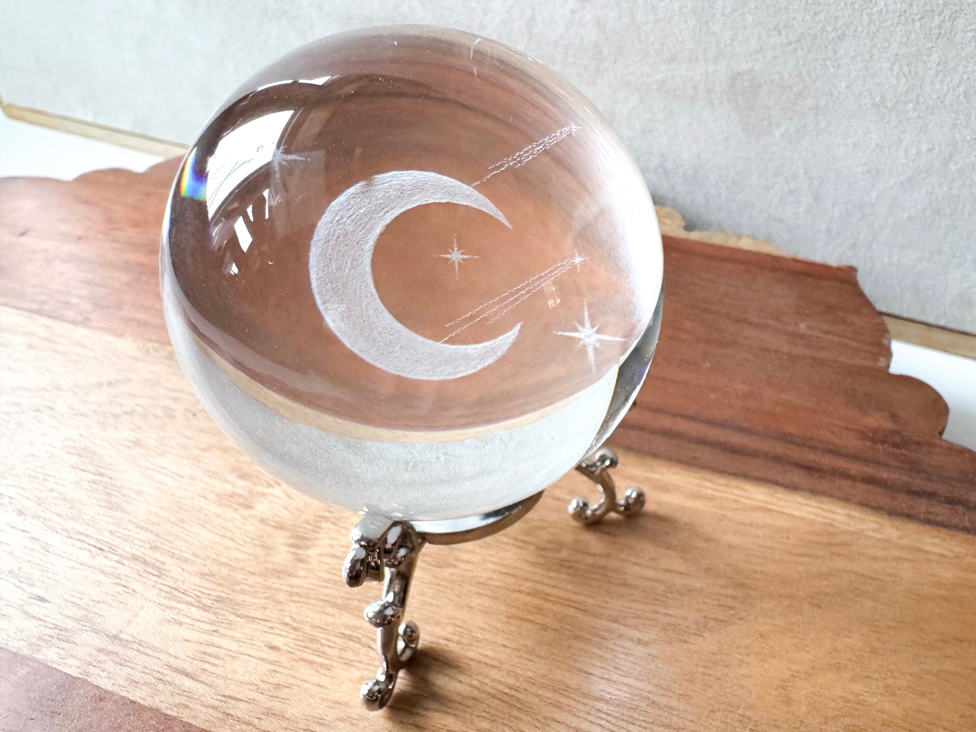3D Laser Etched Glass Sphere with Metal Stand - Crescent Moon