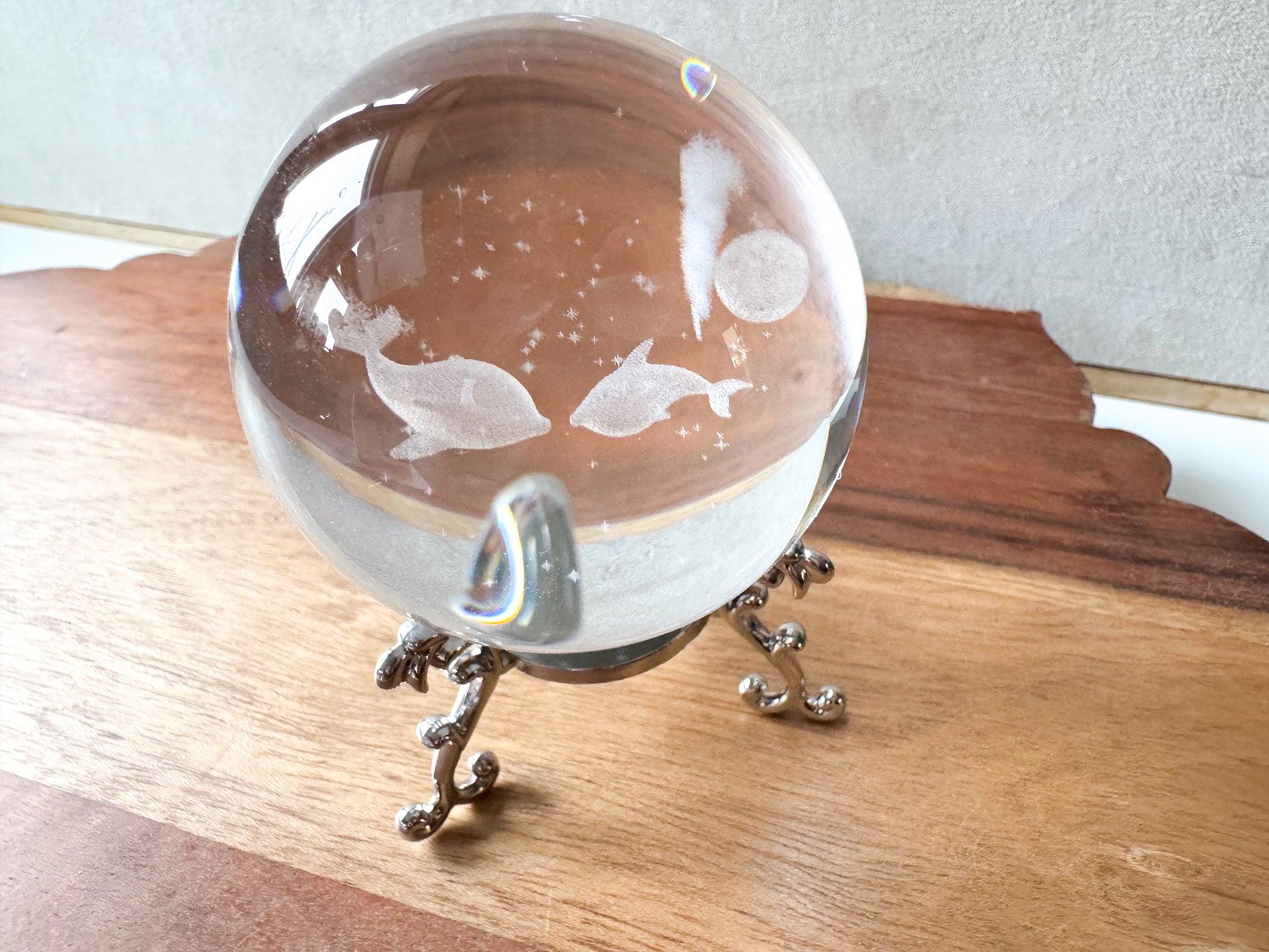 3D Laser Etched Glass Sphere with Metal Stand - Dolphin Pair