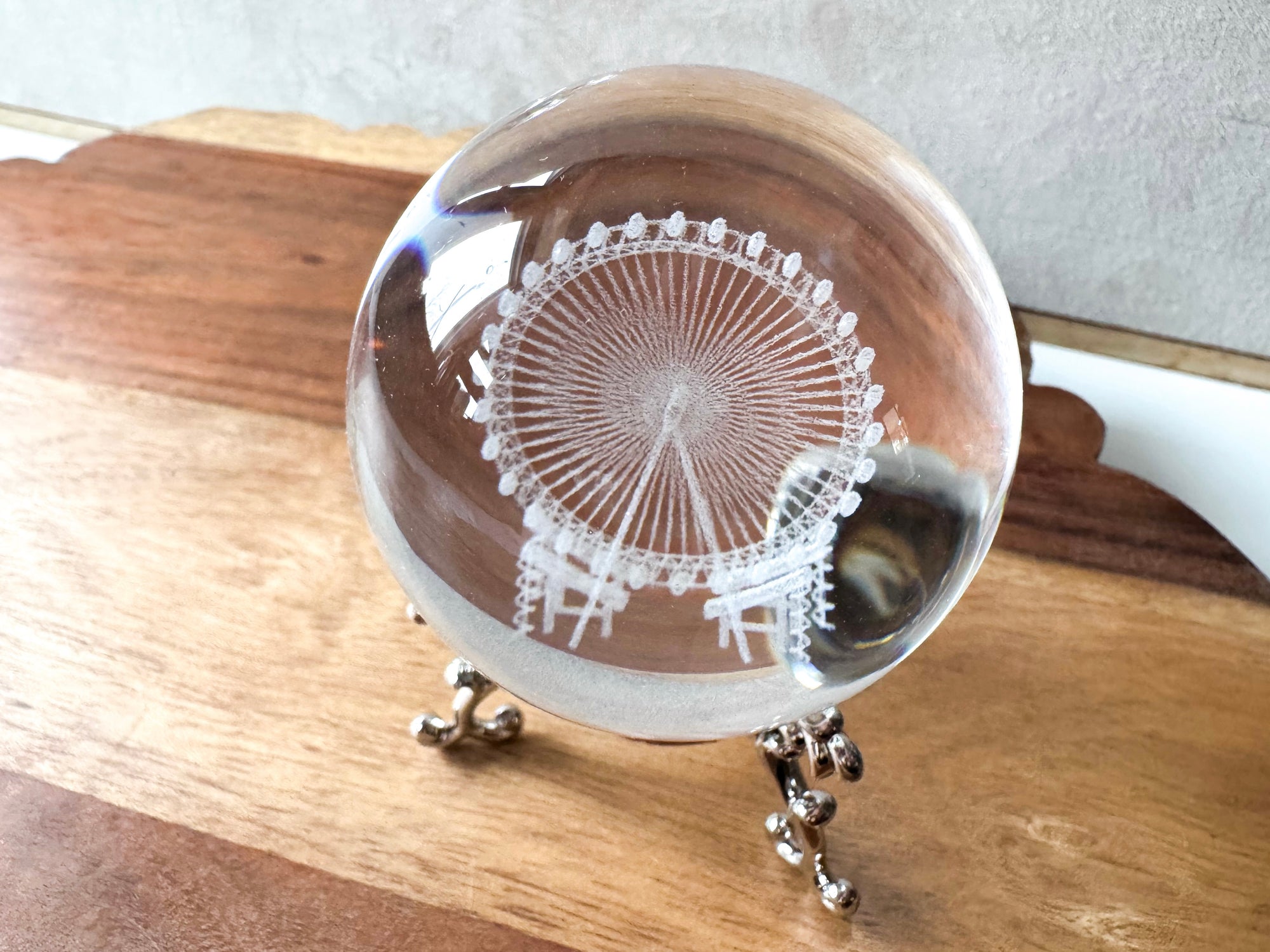 3D Laser Etched Glass Sphere with Metal Stand - Ferris Wheel