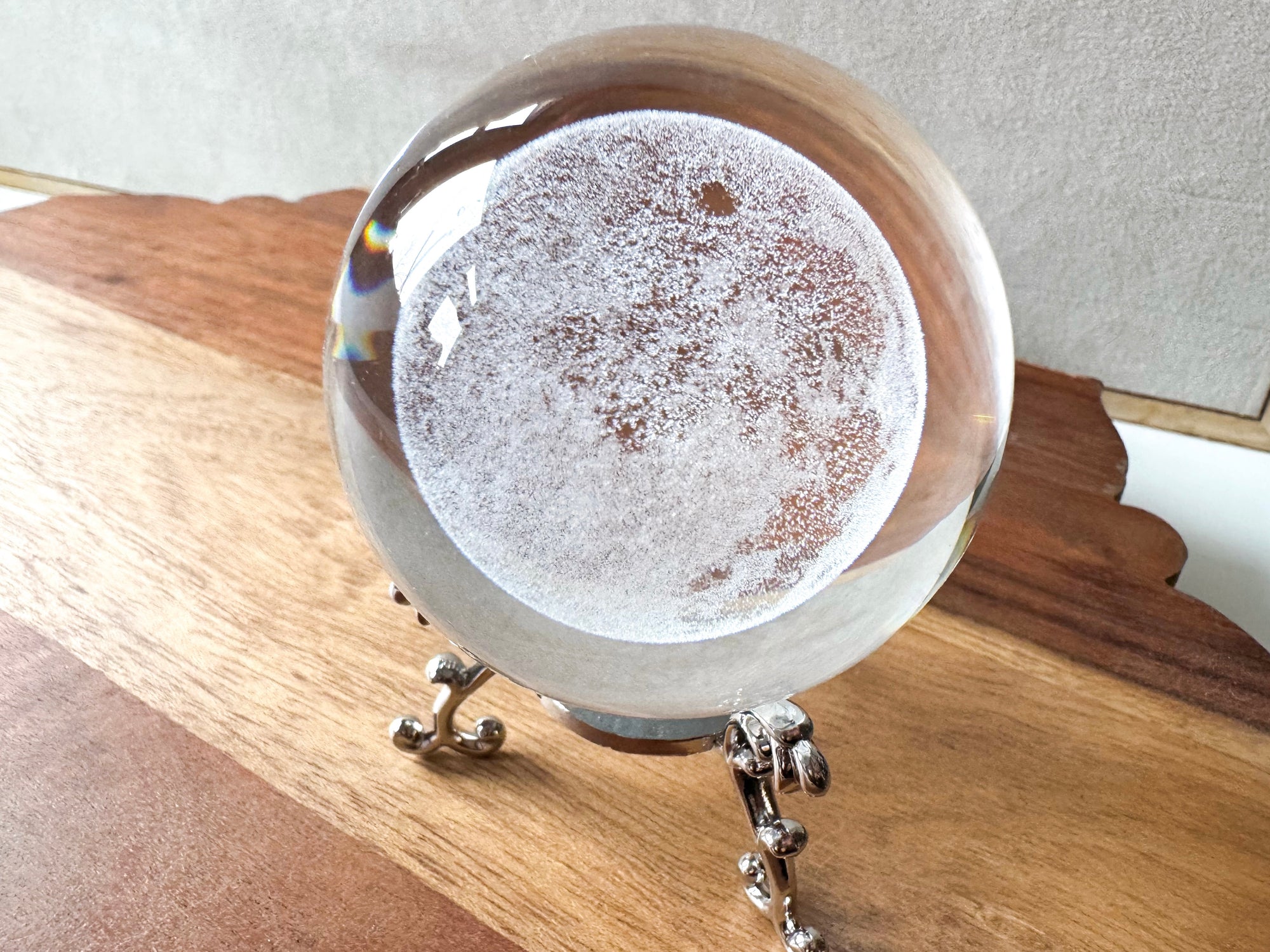 3D Laser Etched Glass Sphere with Metal Stand - Full Moon