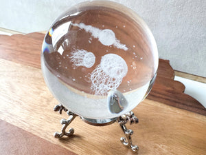 3D Laser Etched Glass Sphere with Metal Stand - Jelly Fish
