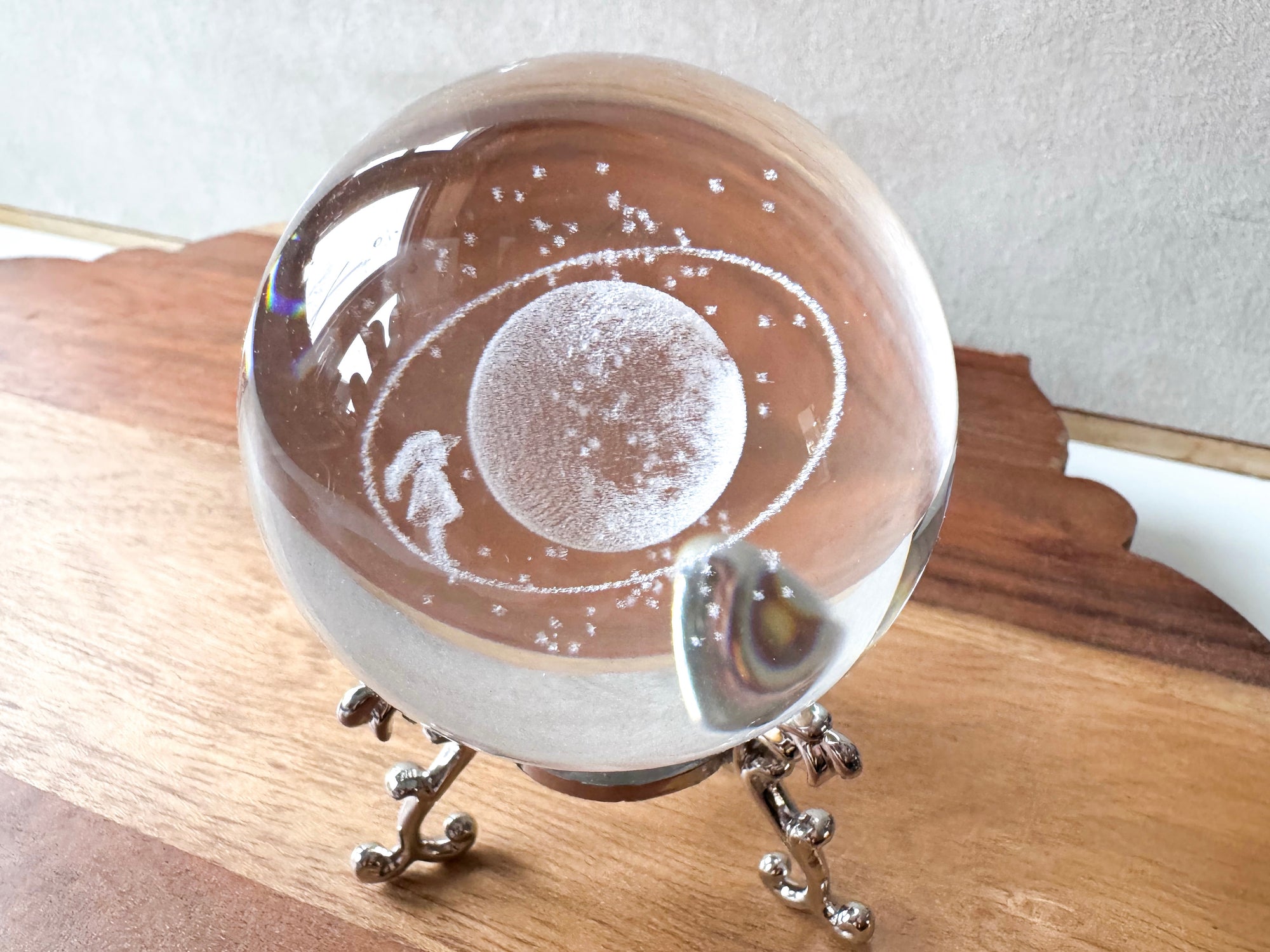 3D Laser Etched Glass Sphere with Metal Stand - Moon Orbit