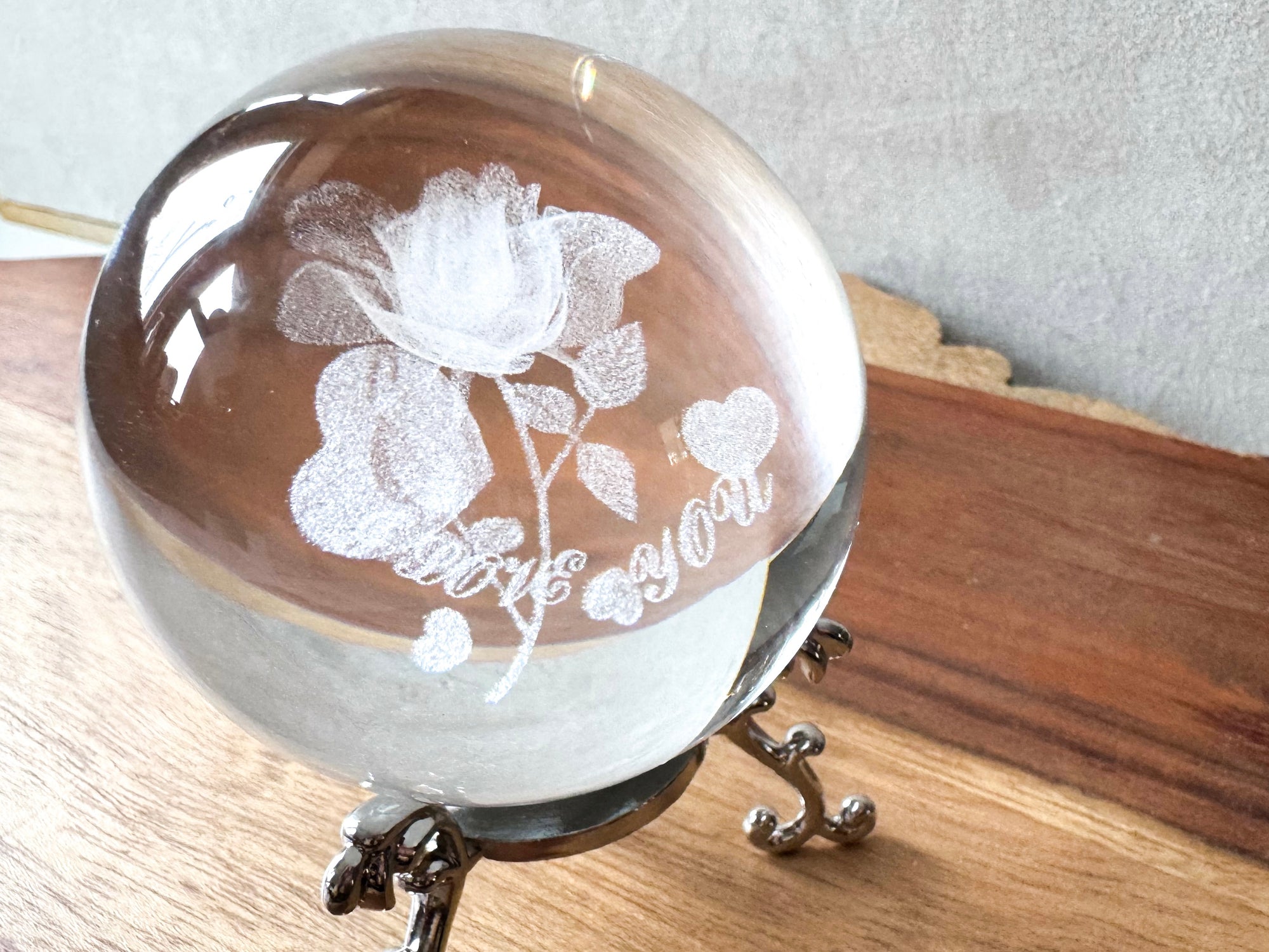 3D Laser Etched Glass Sphere with Metal Stand - Rose I Love You