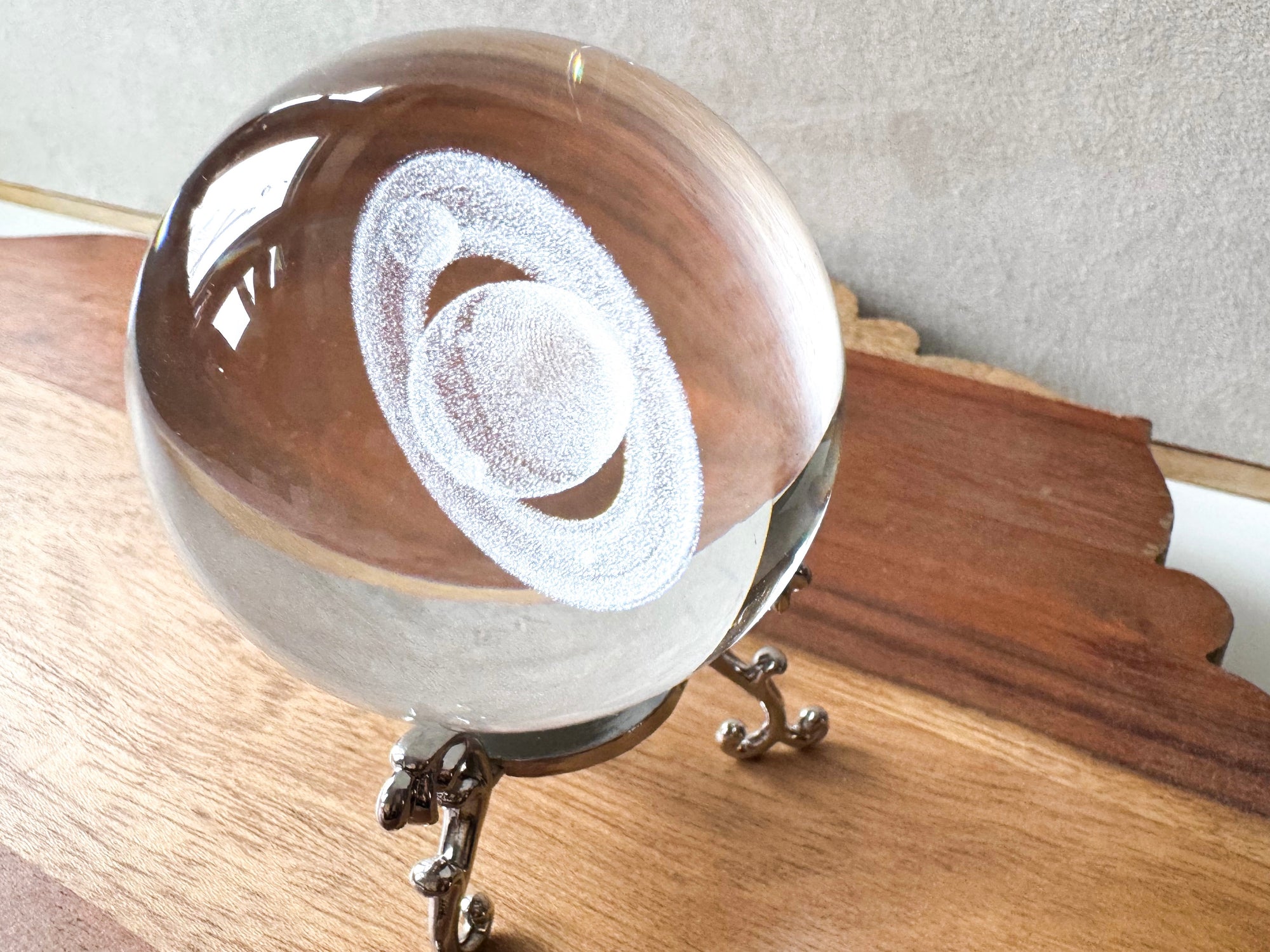 3D Laser Etched Glass Sphere with Metal Stand - Saturn