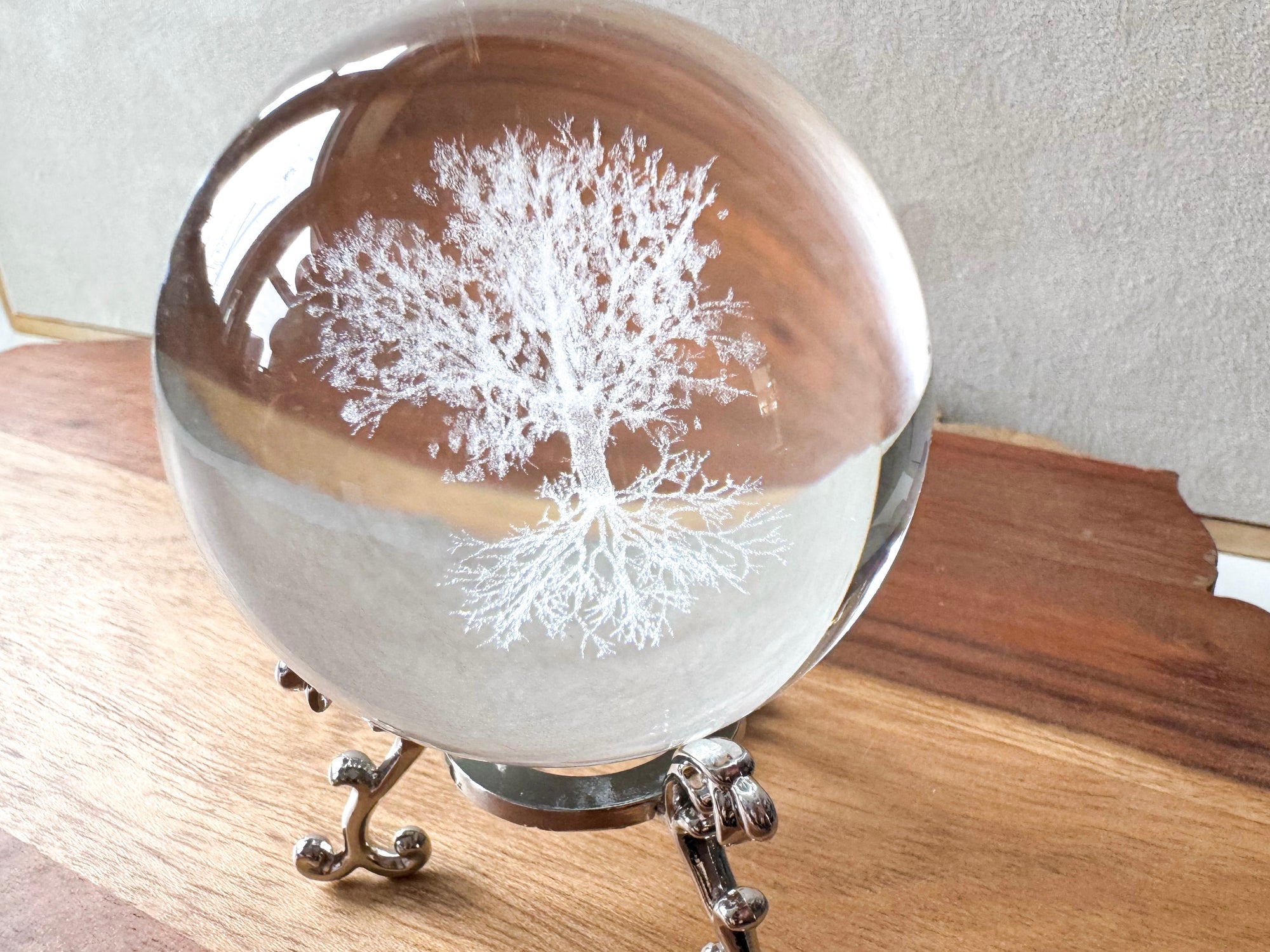 3D Laser Etched Glass Sphere with Metal Stand - Tree of Life