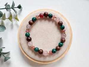Wild Heart Beaded Bracelet || Strawberry Quartz, Malachite & Ebony Wood || Reiki Infused