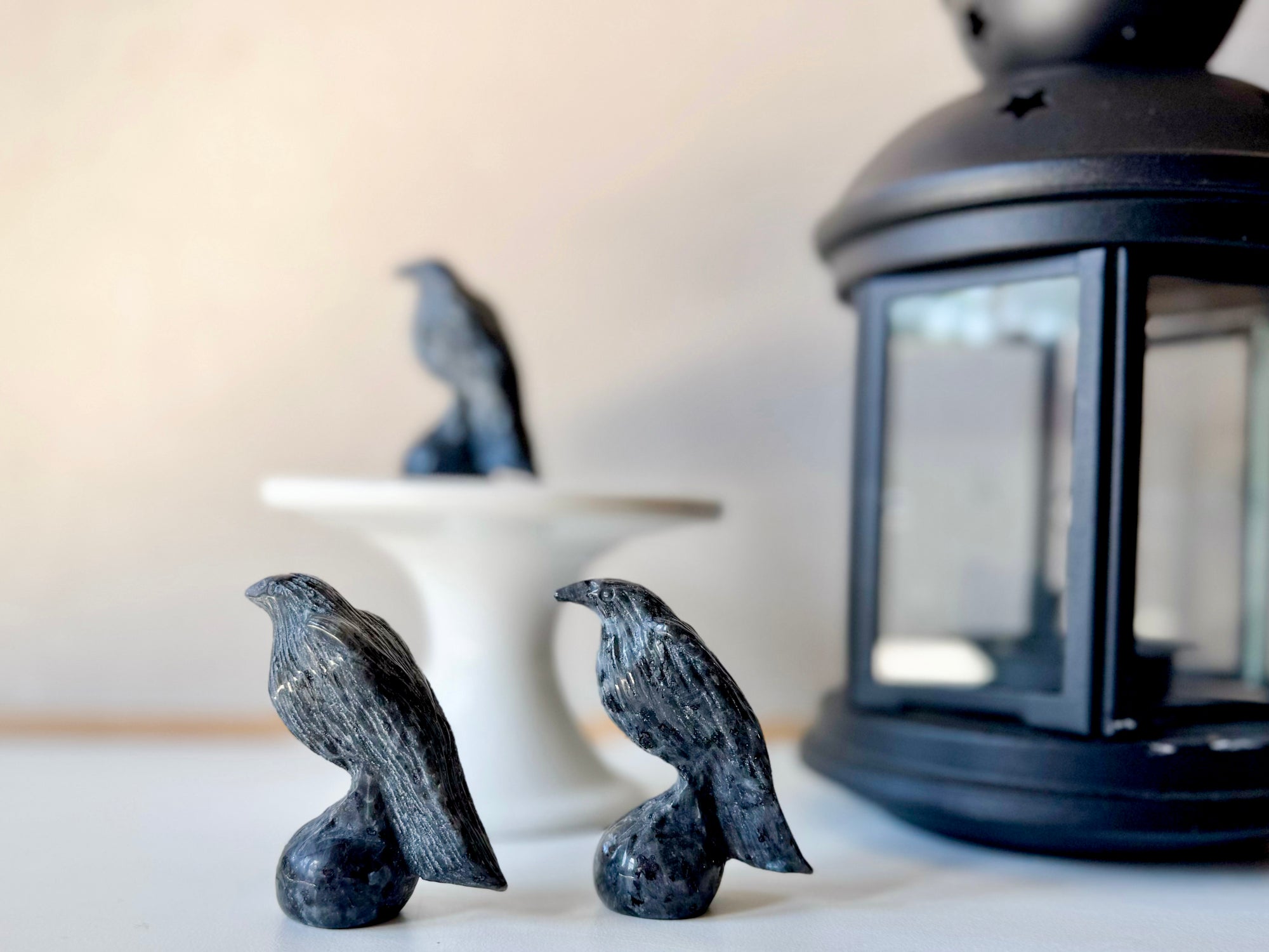 Larvikite Raven Crystal Carving