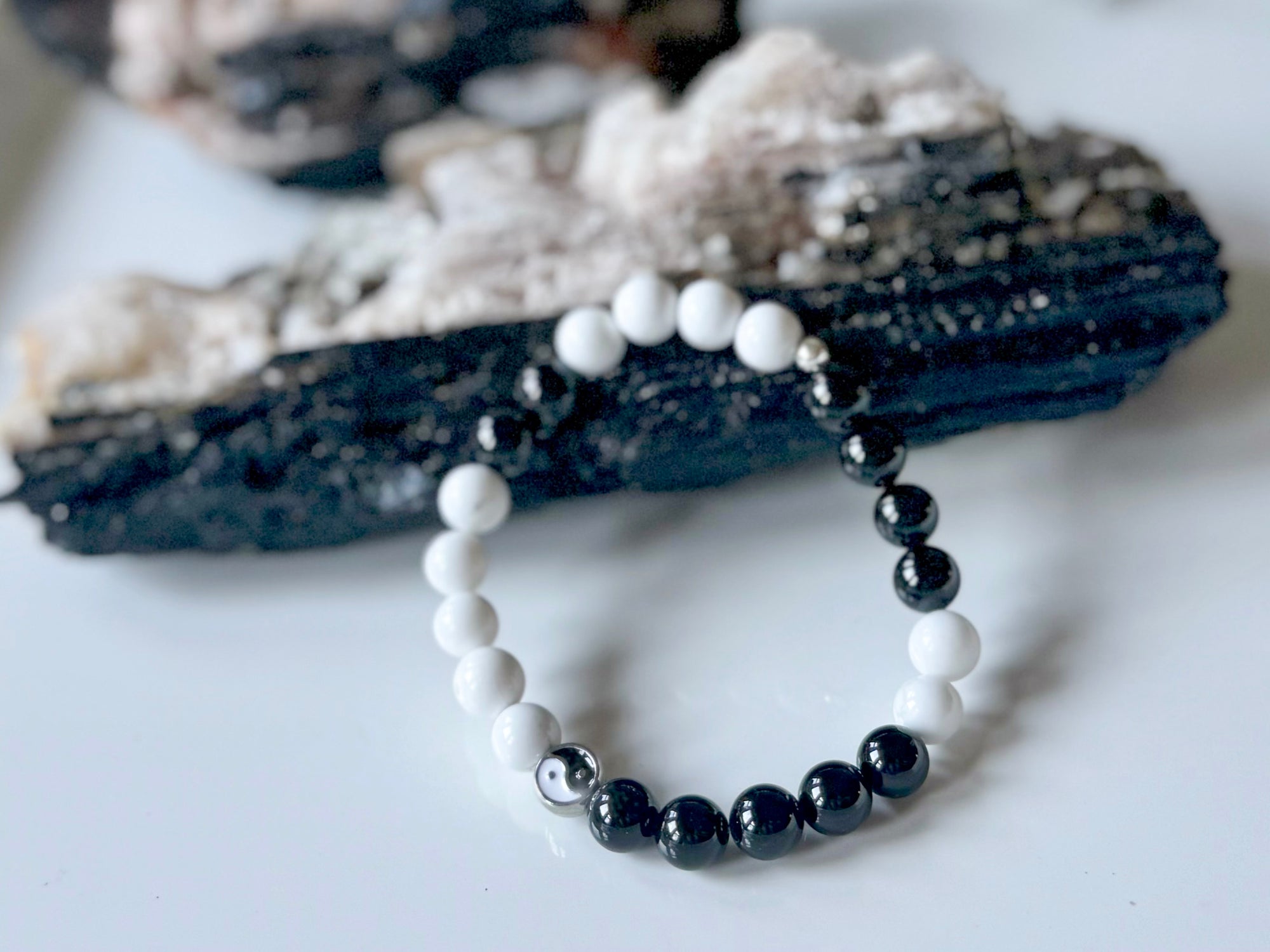 Balance & Harmony || Howlite & Black Tourmaline Yin Yang Beaded Bracelet || Reiki Infused