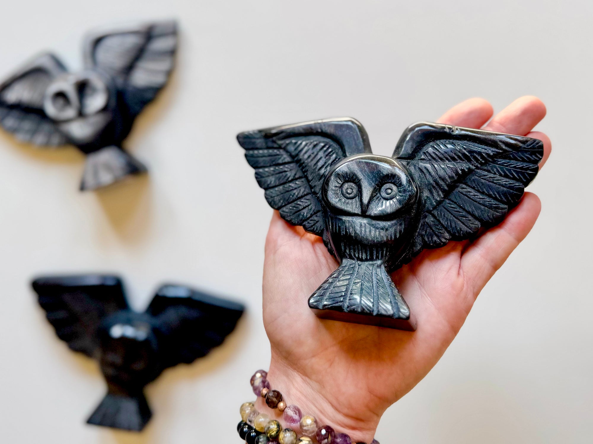 Silver Sheen Obsidian Owl Carving