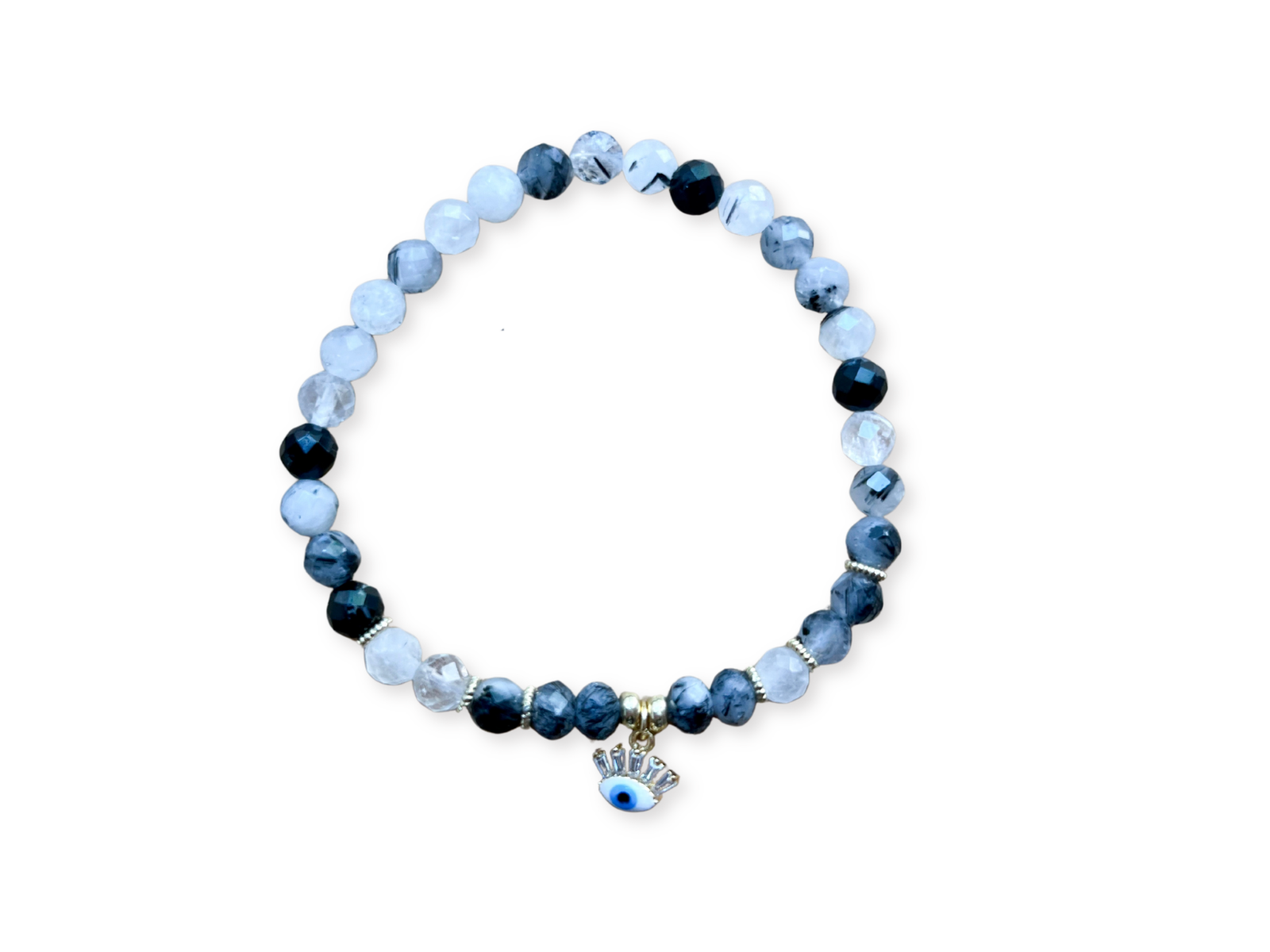6mm Tourmalinated Quartz Beaded Bracelet || White Evil Eye Charm || Reiki Infused