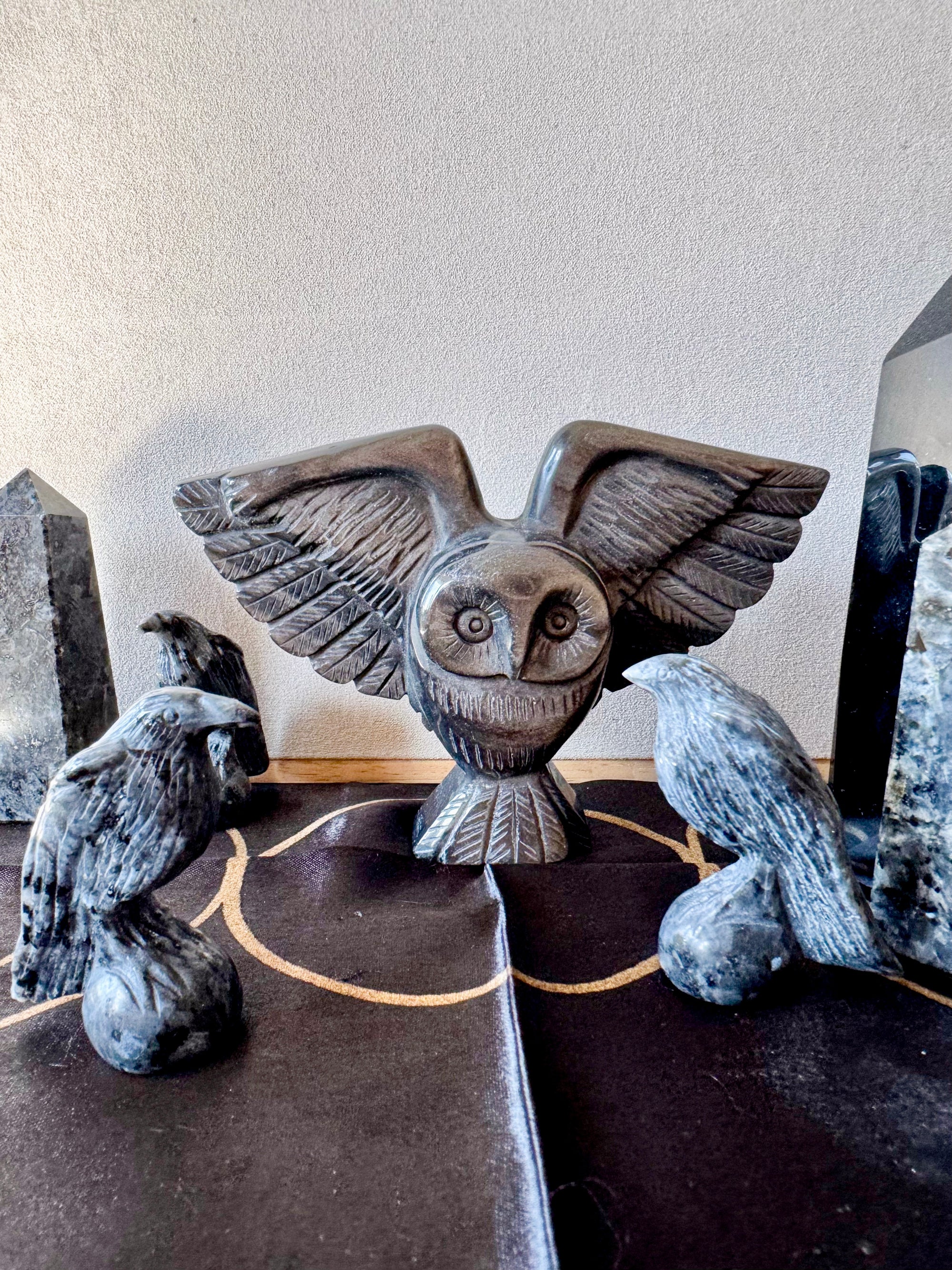 Larvikite Raven Crystal Carving