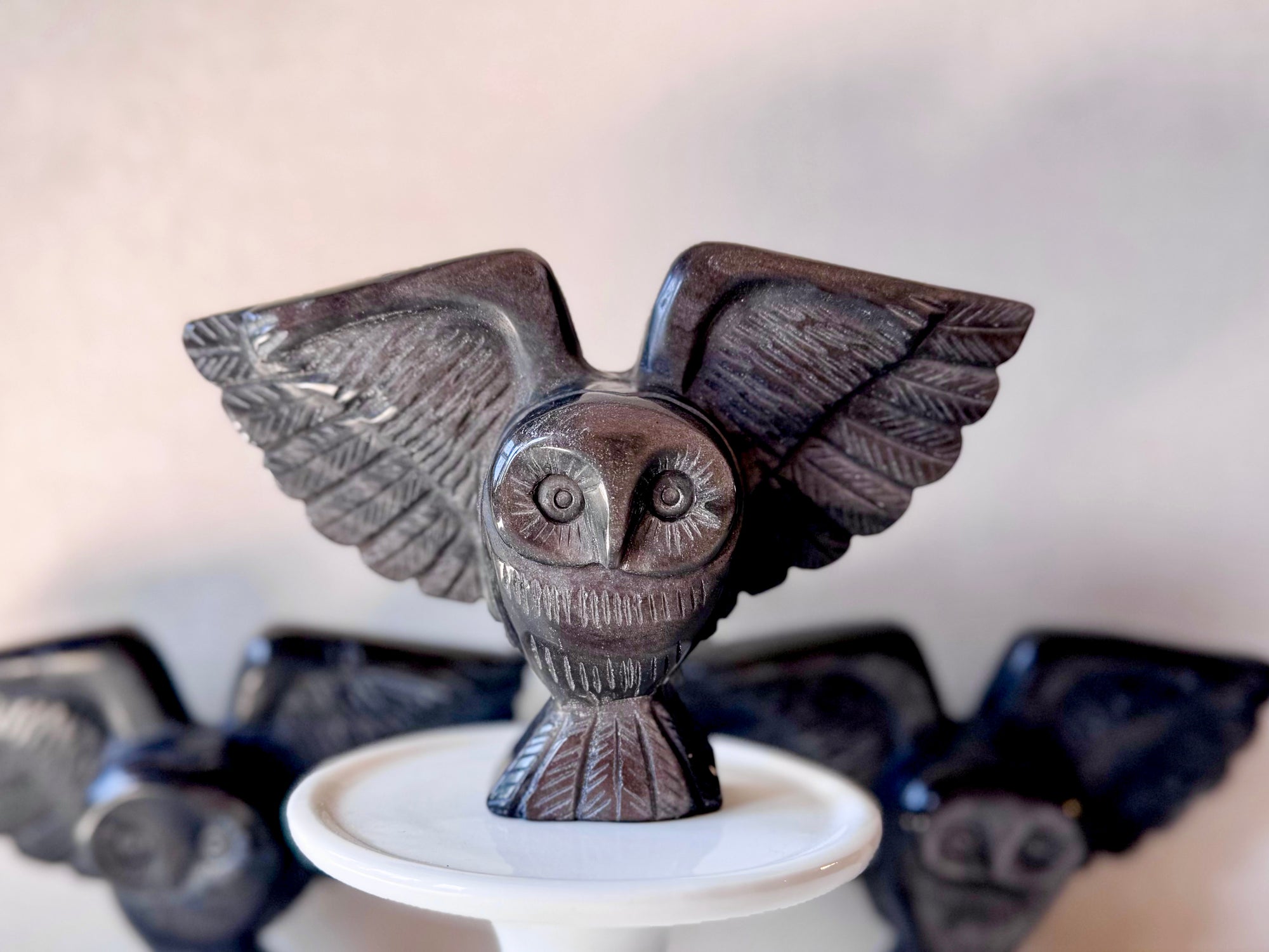 Silver Sheen Obsidian Owl Carving