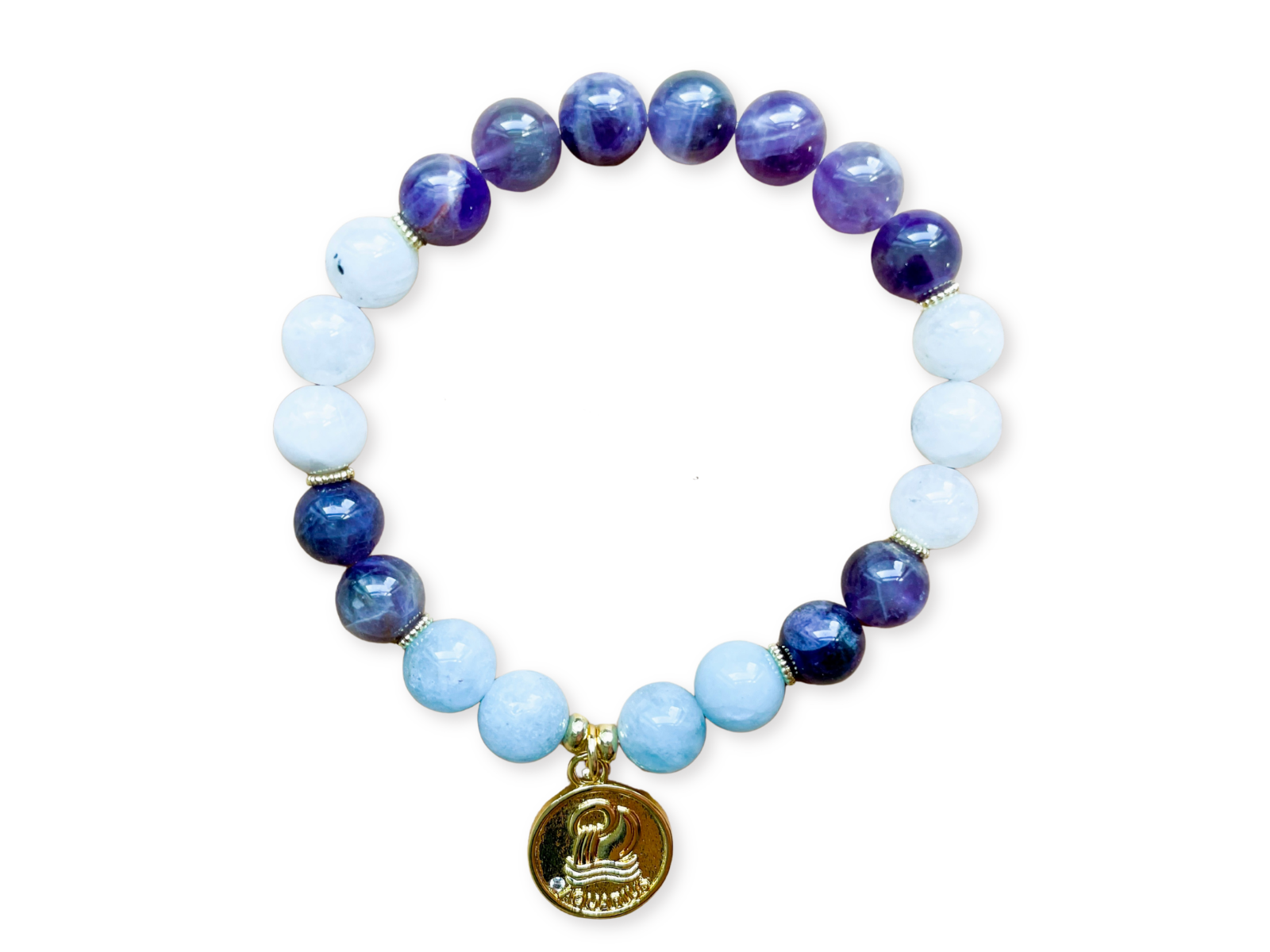 AQUARIUS GOLD EDITION Amethyst, Moonstone, Aquamarine Beaded Bracelet || Reiki Infused