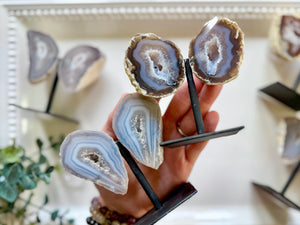 Agate Geode Wings on Black Metal Stand