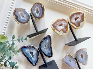 Agate Geode Wings on Black Metal Stand