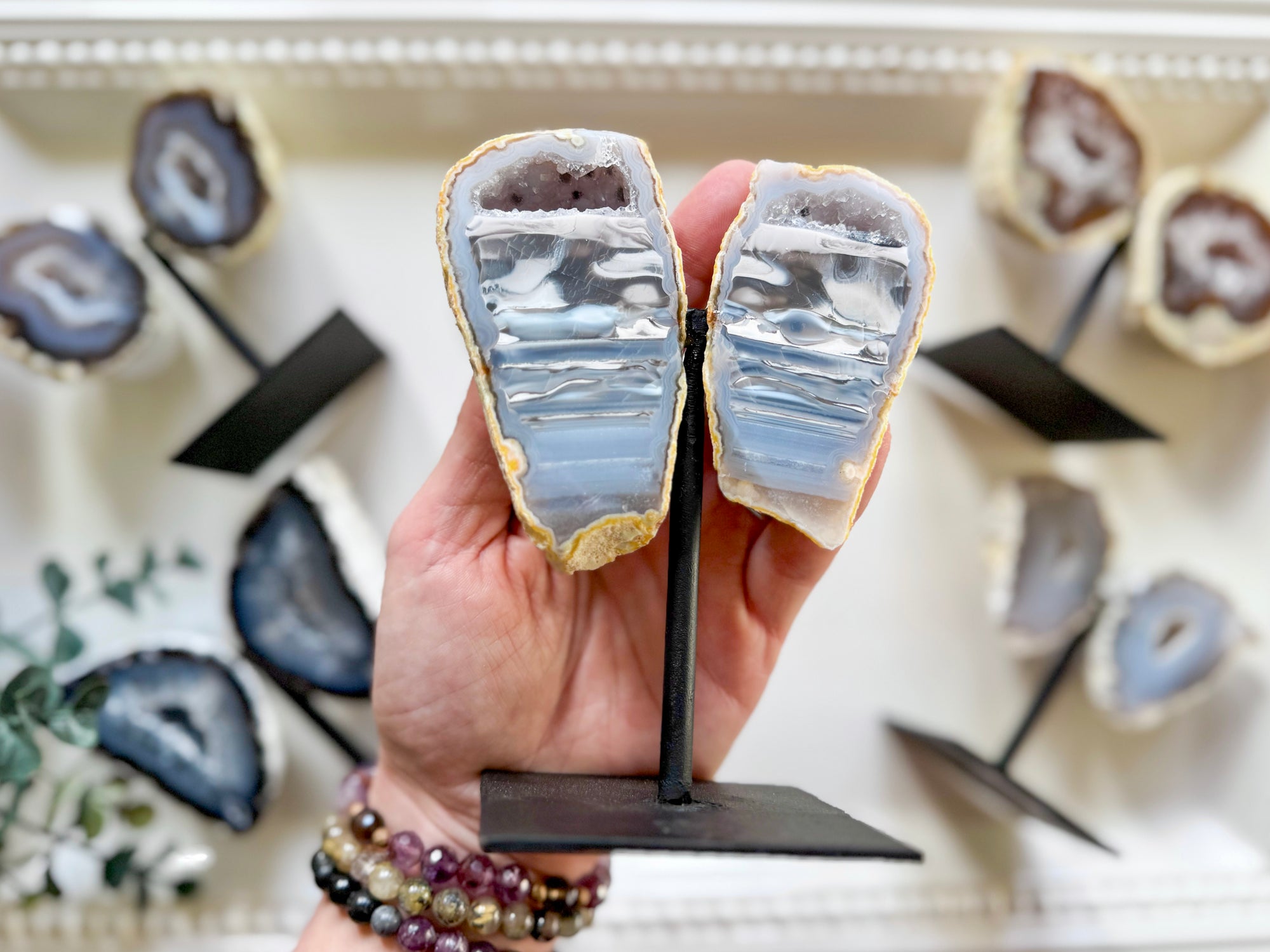 Agate Geode Wings on Black Metal Stand