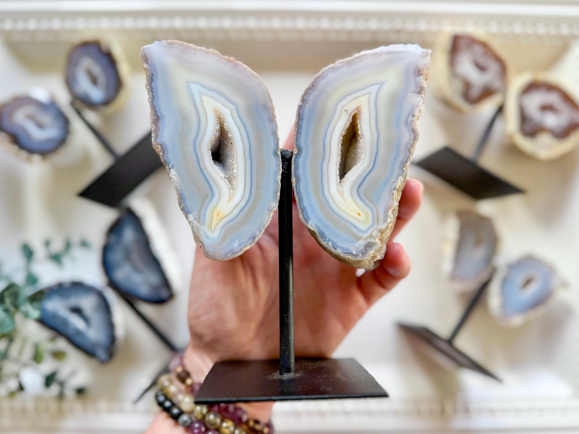 Agate Geode Wings on Black Metal Stand