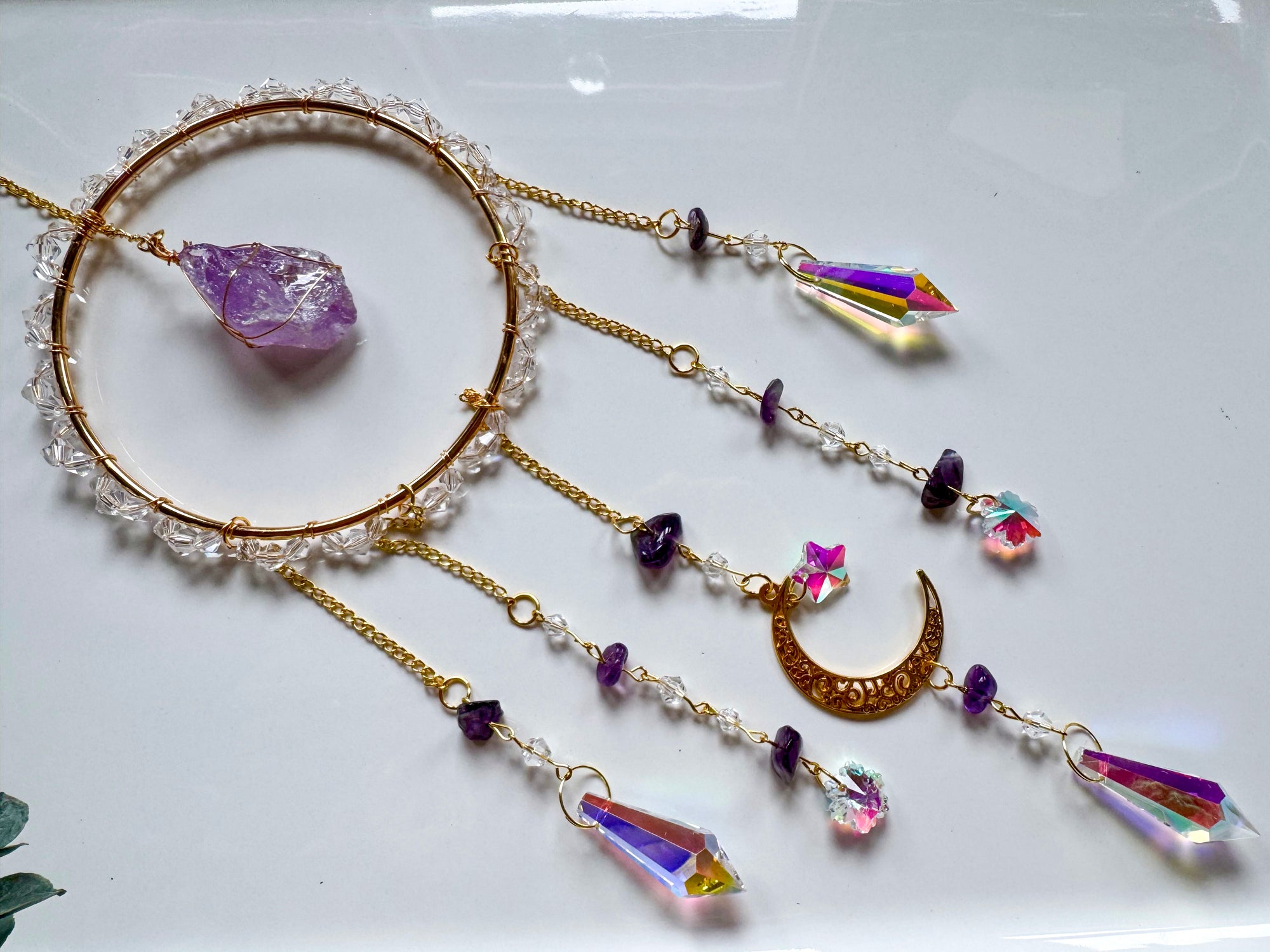 Amethyst Celestial Rainbow Catcher Window Hanger || Gold