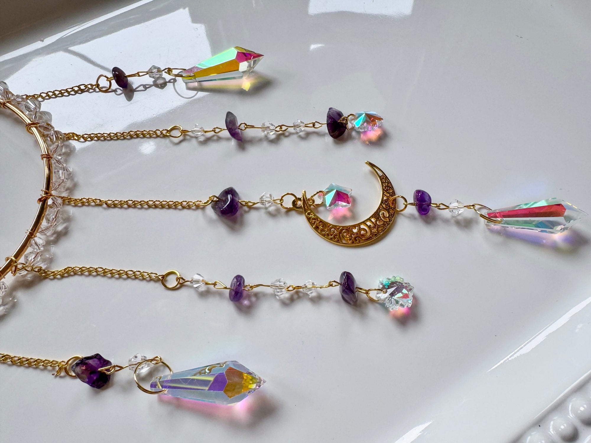 Amethyst Celestial Rainbow Catcher Window Hanger || Gold