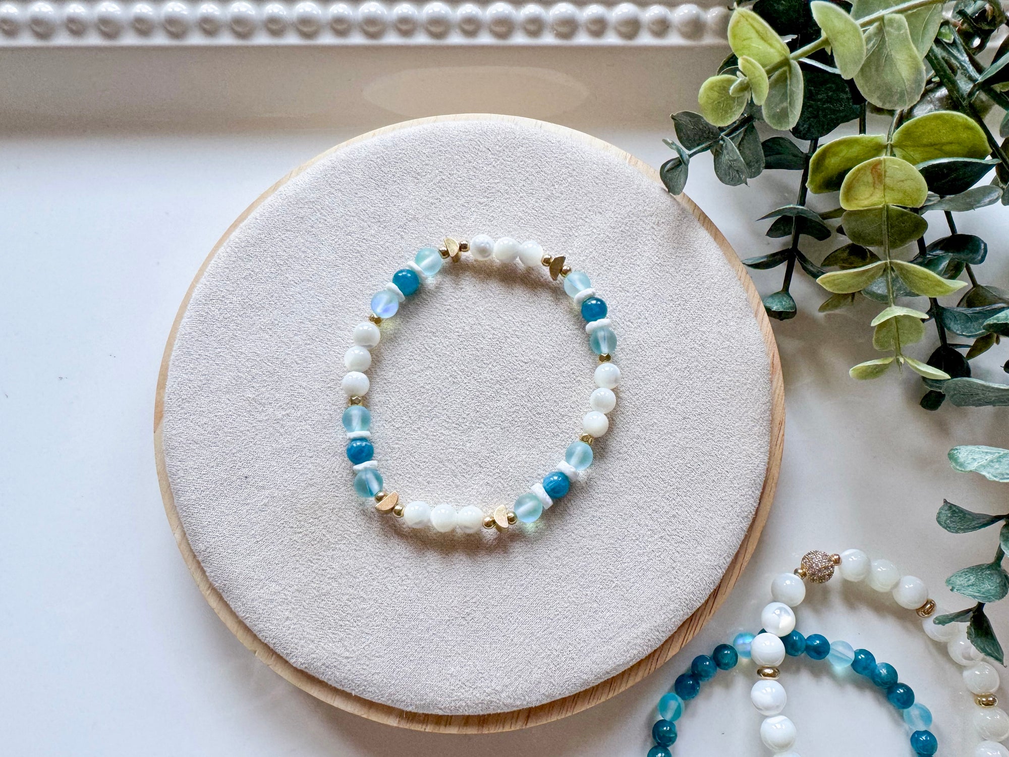 Apatite Aura Quartz Mother of Pearl Puka Shell Design - Summer Serenity Beaded Bracelet || Reiki Infused Stack 