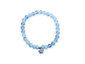 Aquamarine Beaded Bracelet || Blue Evil Eye Charm || Reiki Infused