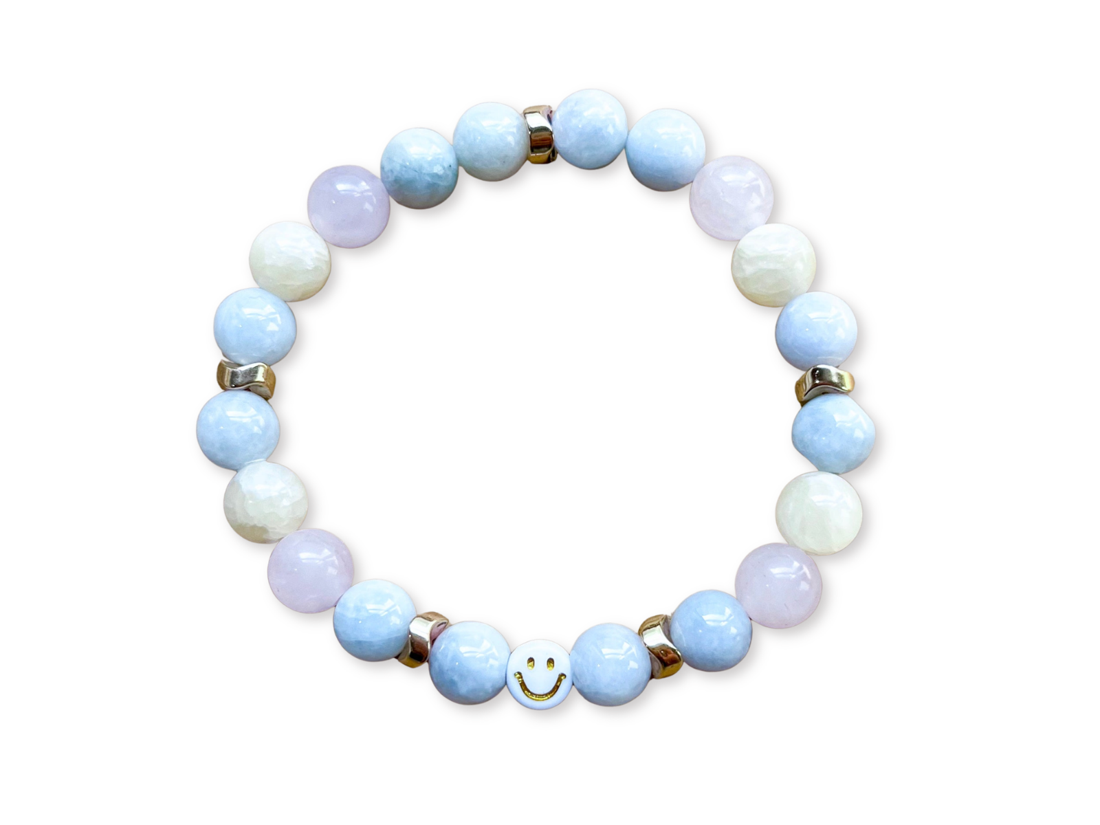 Aquamarine, Burmese Jade, Rose Quartz, Yellow Calcite Smiley Beaded Bracelet || Reiki Infused