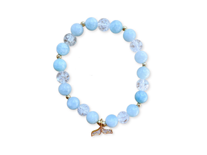 Aquamarine, Crackle Clear Quartz & Whale Tail Charm Beaded Bracelet || Reiki Infused