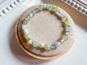 Aquamarine, New Jade, Aura Quartz, and Mother of Pearl Bracelet || Reiki Infused