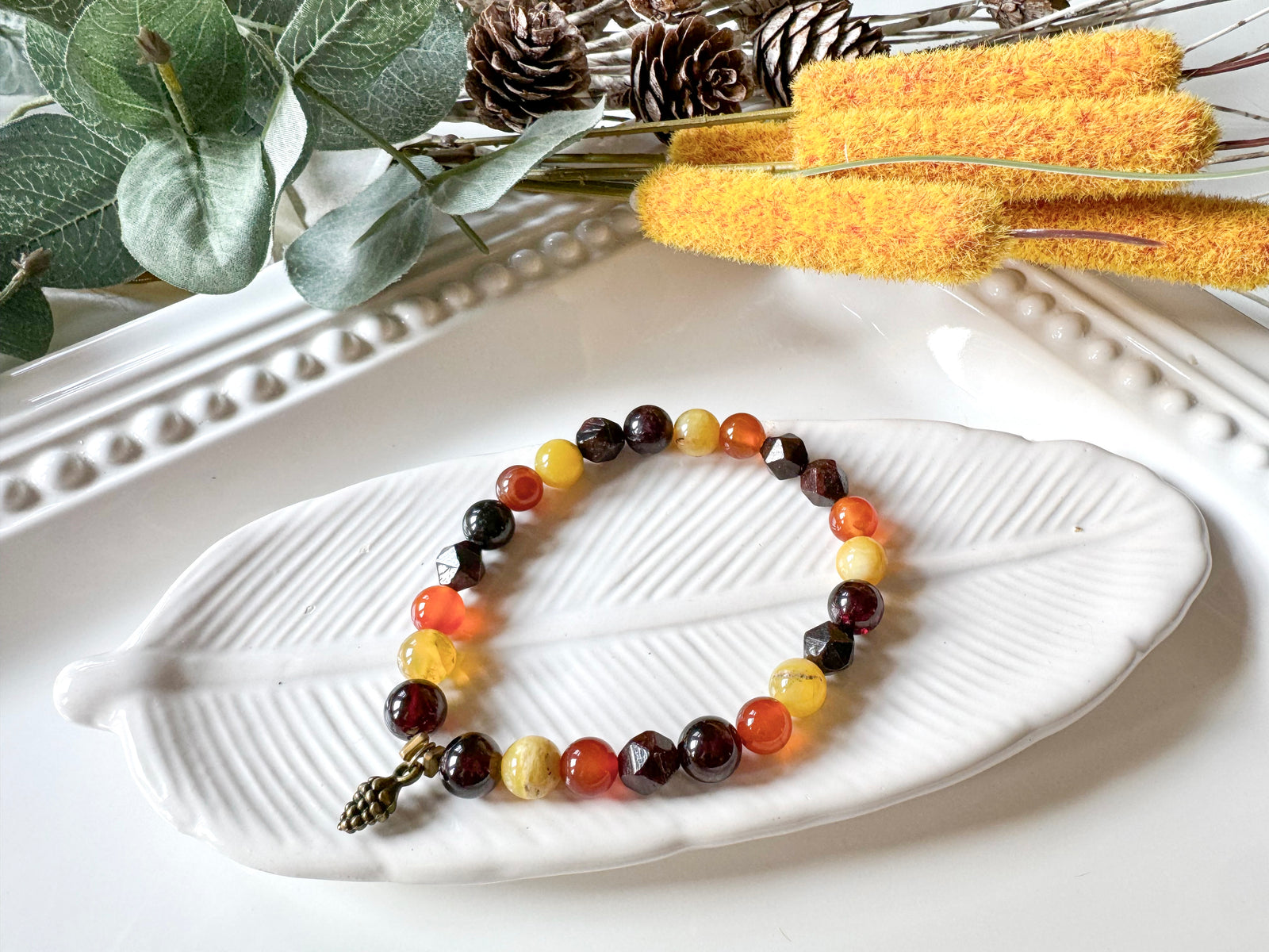 Autumn Equinox Carnelian, Garnet, Yellow Opal Beaded Bracelet || Reiki Infused (In Store)