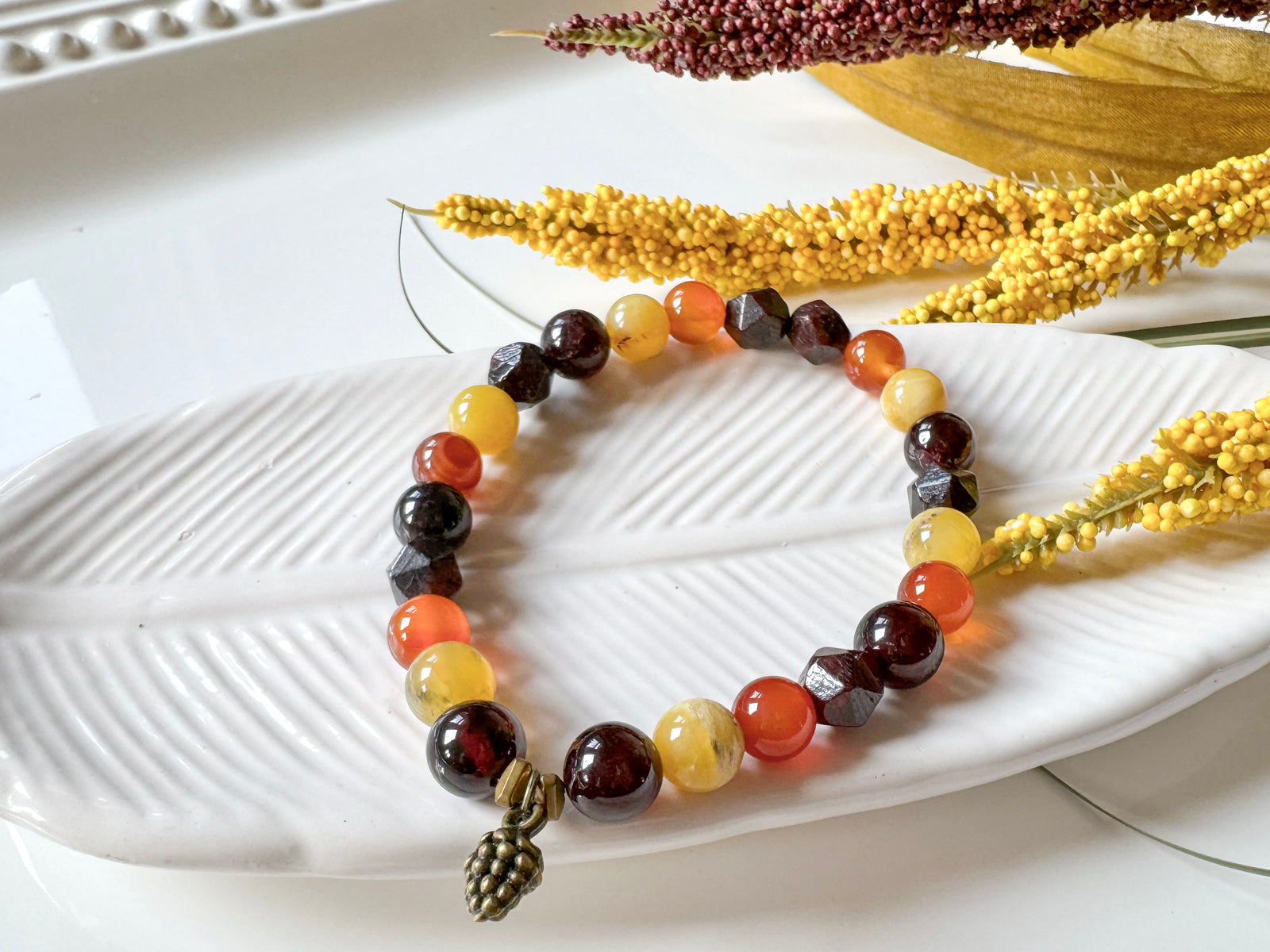 Autumn Equinox Carnelian, Garnet, Yellow Opal Beaded Bracelet || Reiki Infused (In Store)