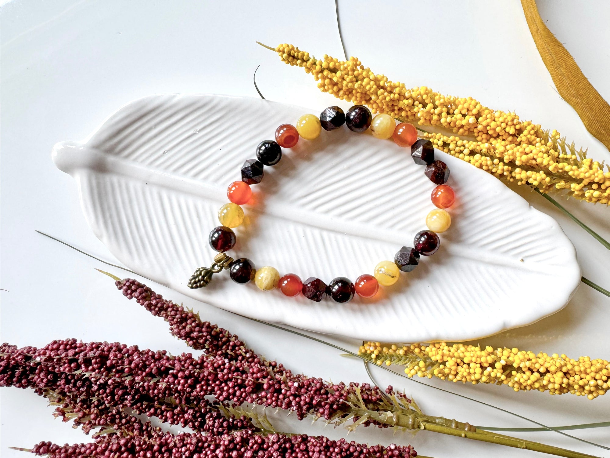 Autumn Equinox Carnelian, Garnet, Yellow Opal Beaded Bracelet || Reiki Infused (In Store)