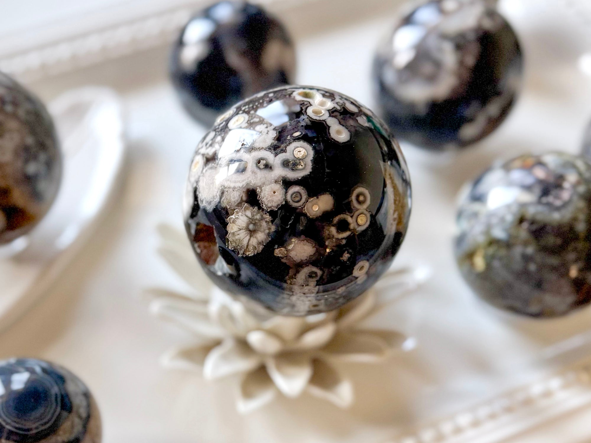 Black Flower Agate Sphere