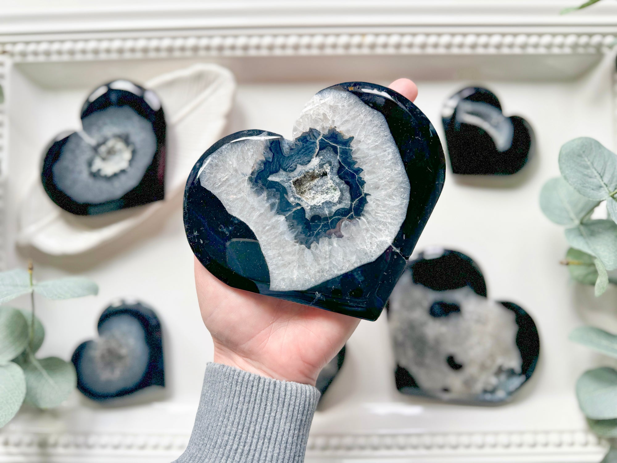 Black Sardonyx Druzy Heart Carving