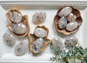 Black Tourmaline in Quartz Palm Stones || Brazil
