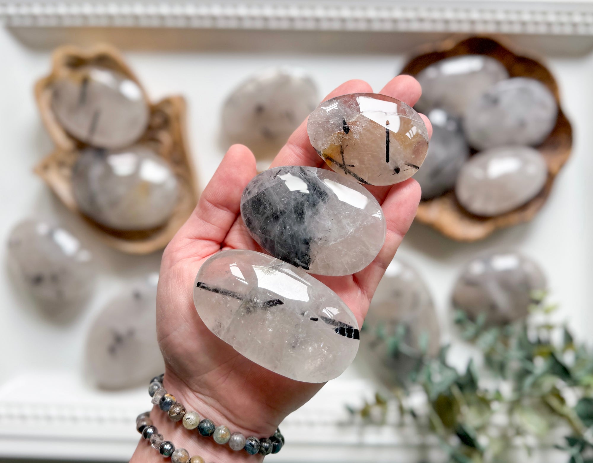 Black Tourmaline in Quartz Palm Stones || Brazil