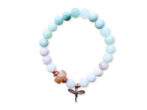 Burmese Jade, Pink Opal & Peach Moonstone with Fairy Charm Beaded Bracelet