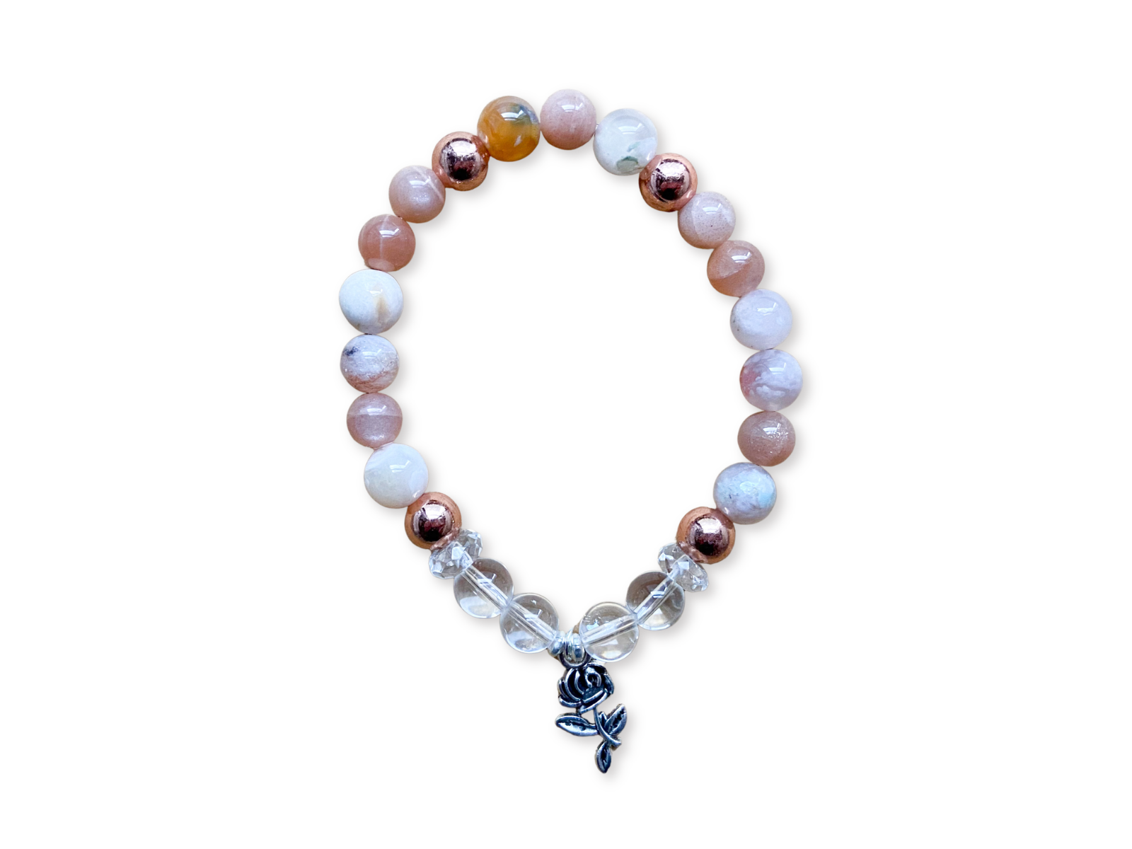 Clear Quartz, Copper, Flower Agate & Peach Moonstone || Rose Charm || Reiki Infused