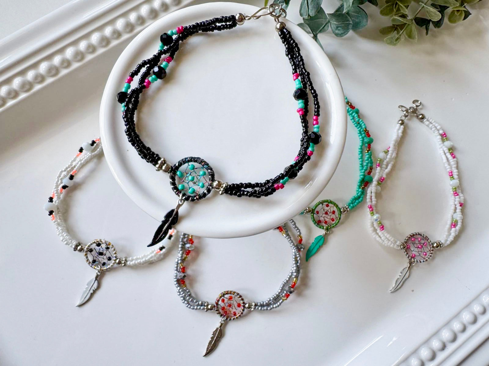 Crystal & Bead Anklet || Dreamcatcher Feather