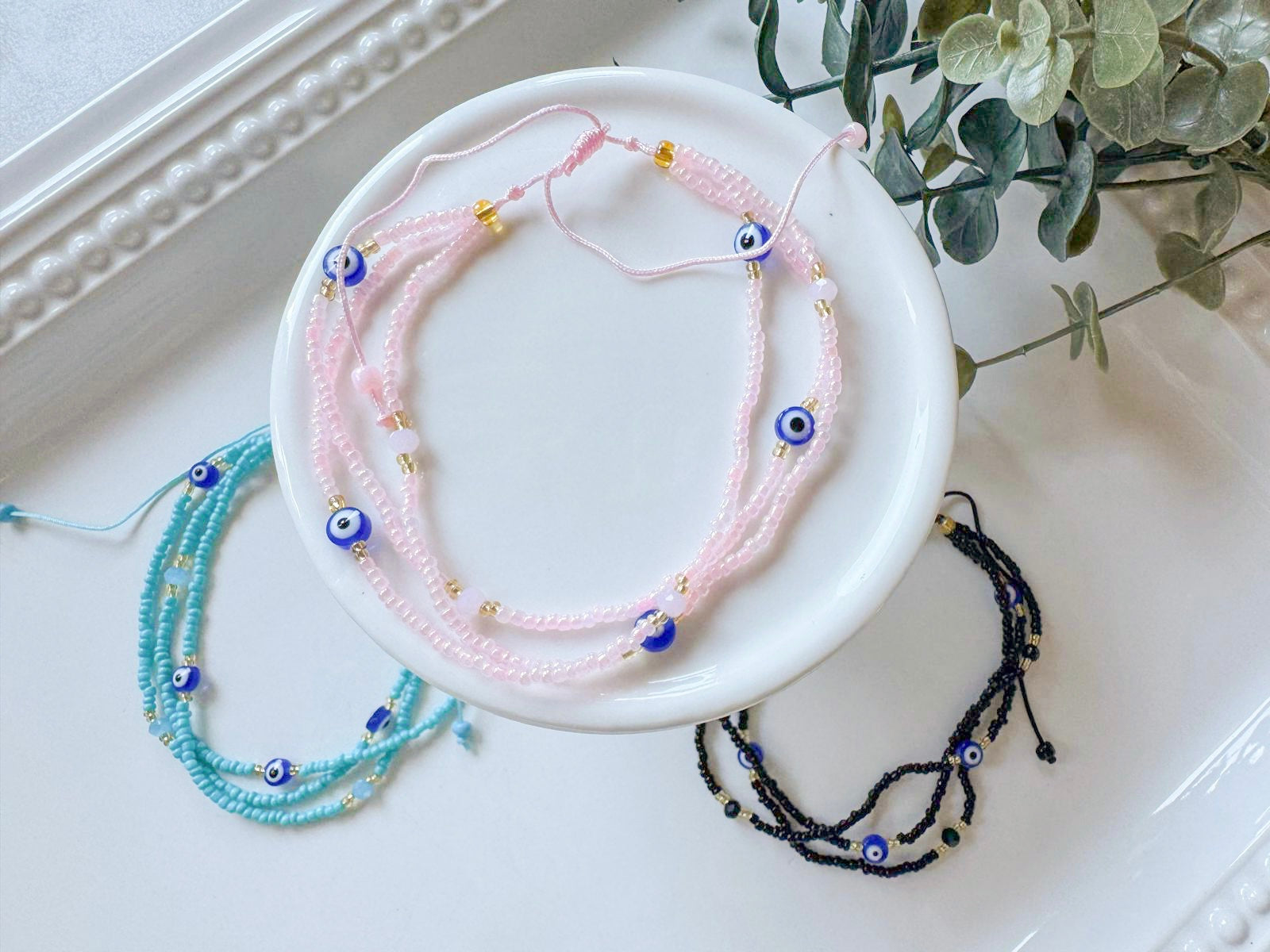 Crystal & Bead Anklet || Multi Evil Eye