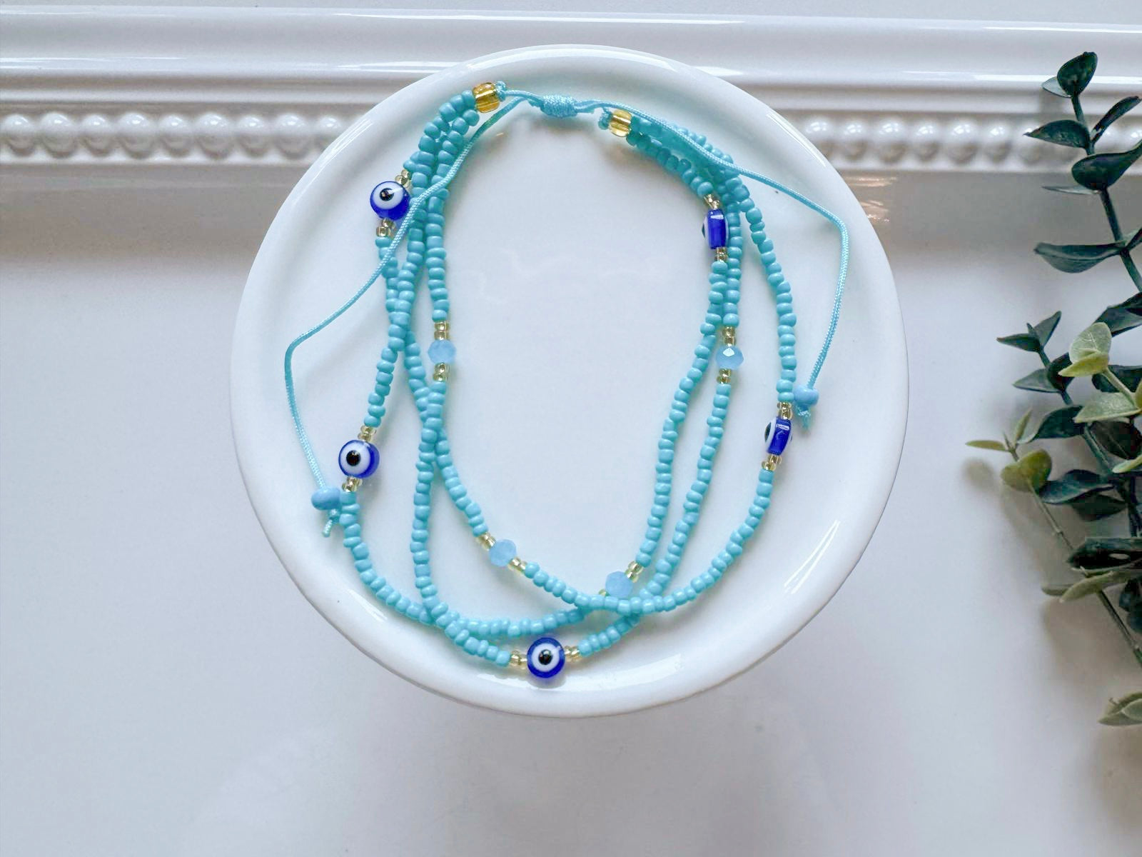 Crystal & Bead Anklet || Multi Evil Eye