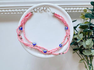 Crystal & Bead Anklet || Multi Evil Eye