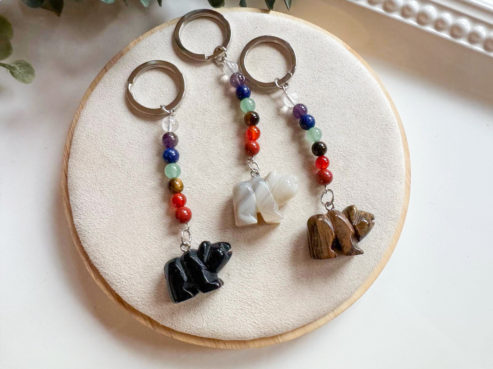 Crystal Bear Seven Chakra Beaded Silver Keychain