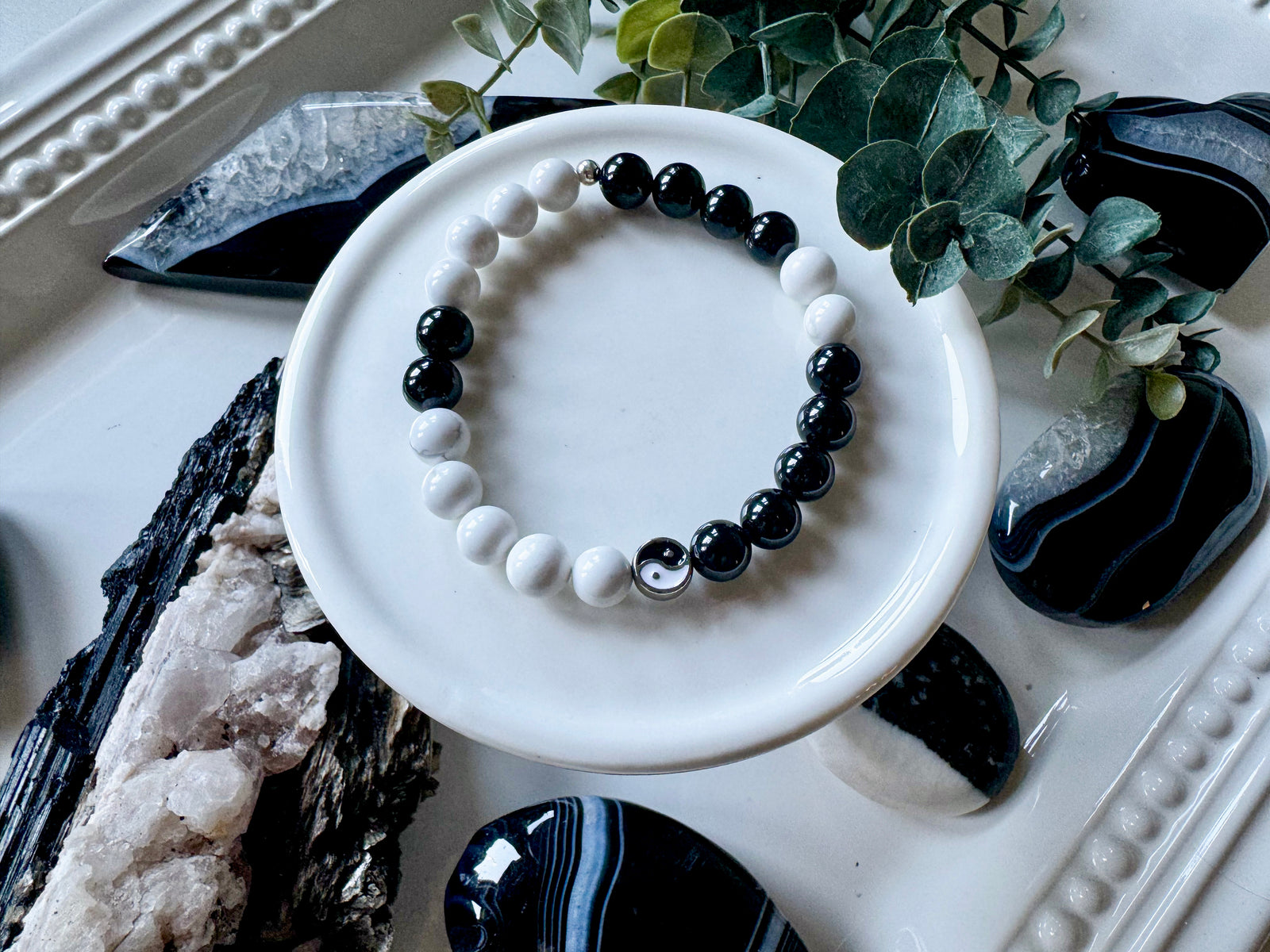 Balance & Harmony || Howlite and Black Tourmaline Yin Yang Beaded Bracelet || Reiki Infused