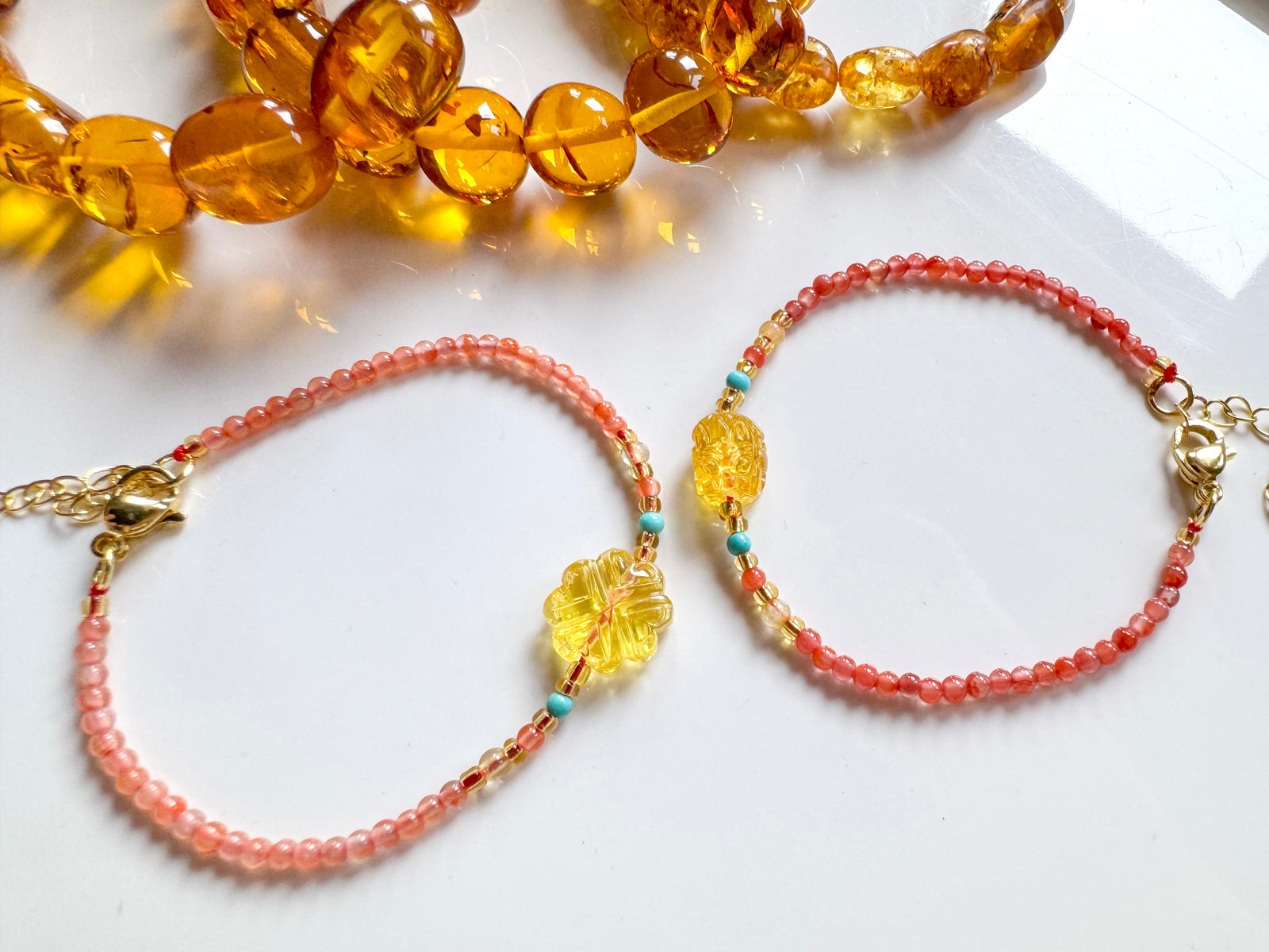 Dainty Amber Charm Seed Bead Bracelet