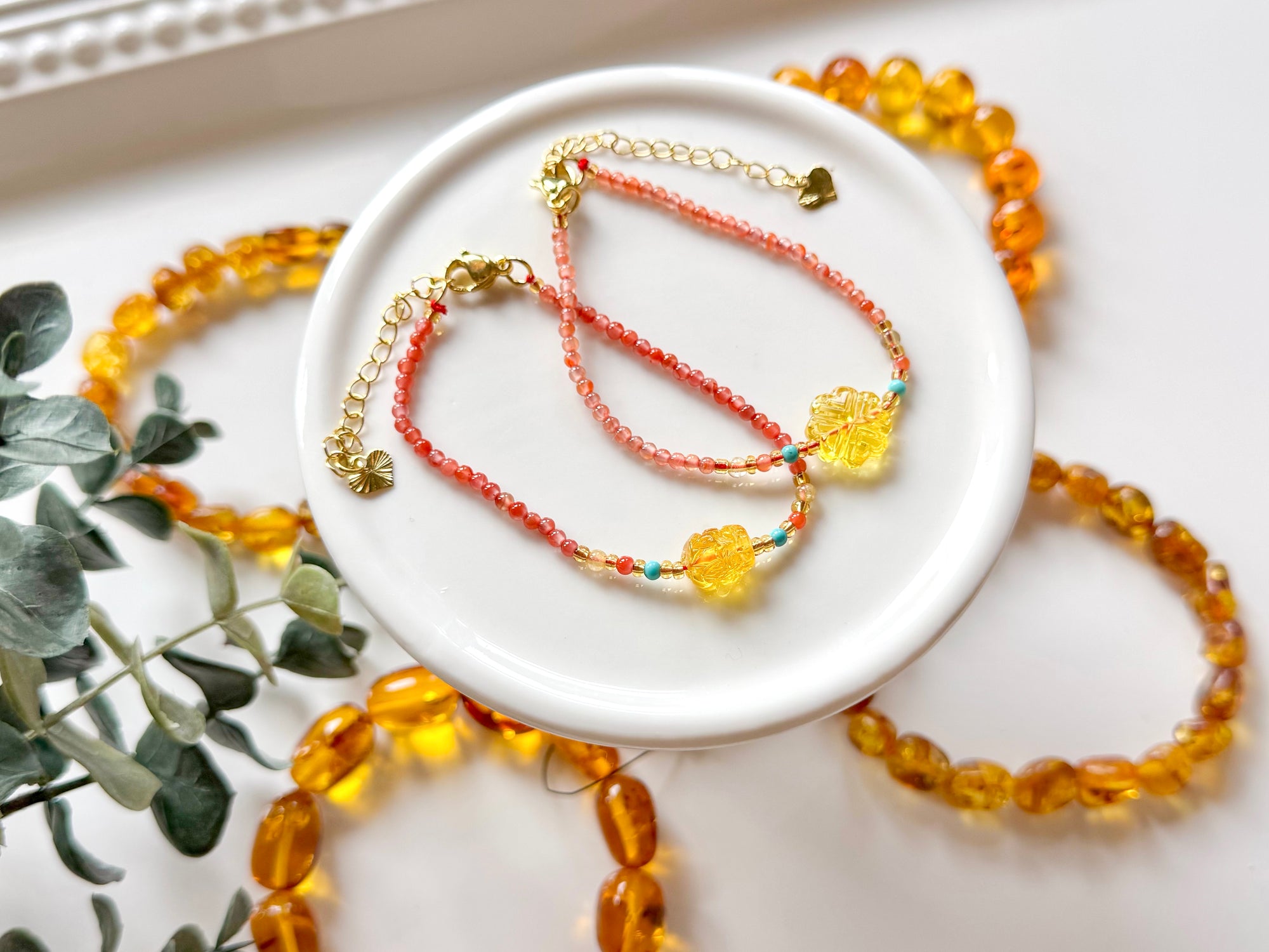Dainty Amber Charm Seed Bead Bracelet