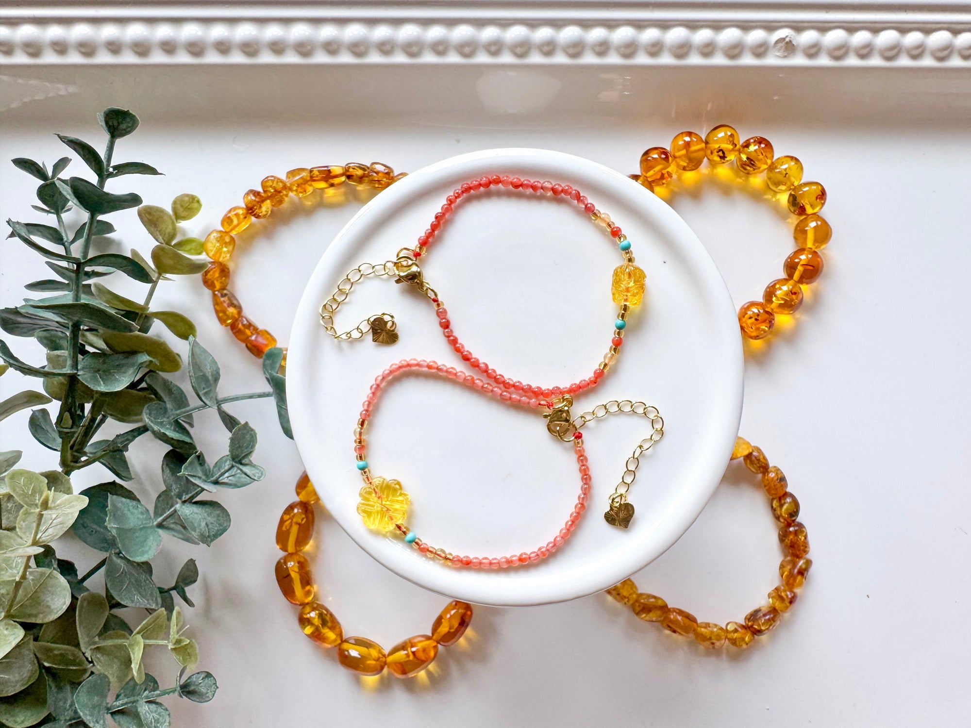Dainty Amber Charm Seed Bead Bracelet